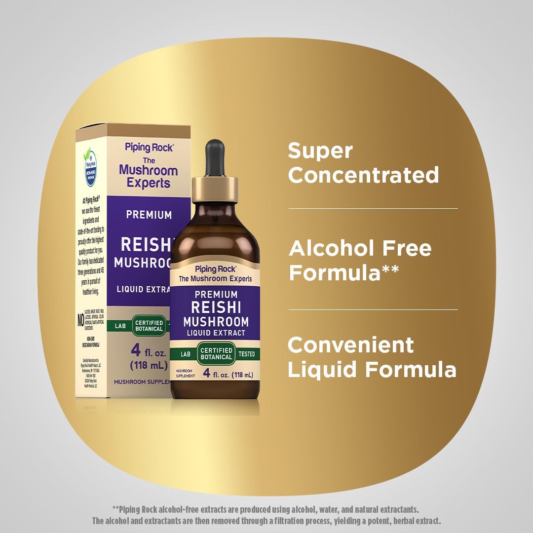Reishi Mushroom Tincture 4 Fl Oz Liquid Extract | Vegetarian & Alcohol-Free | Non-GMO & Gluten-Free Supplement by Piping Rock