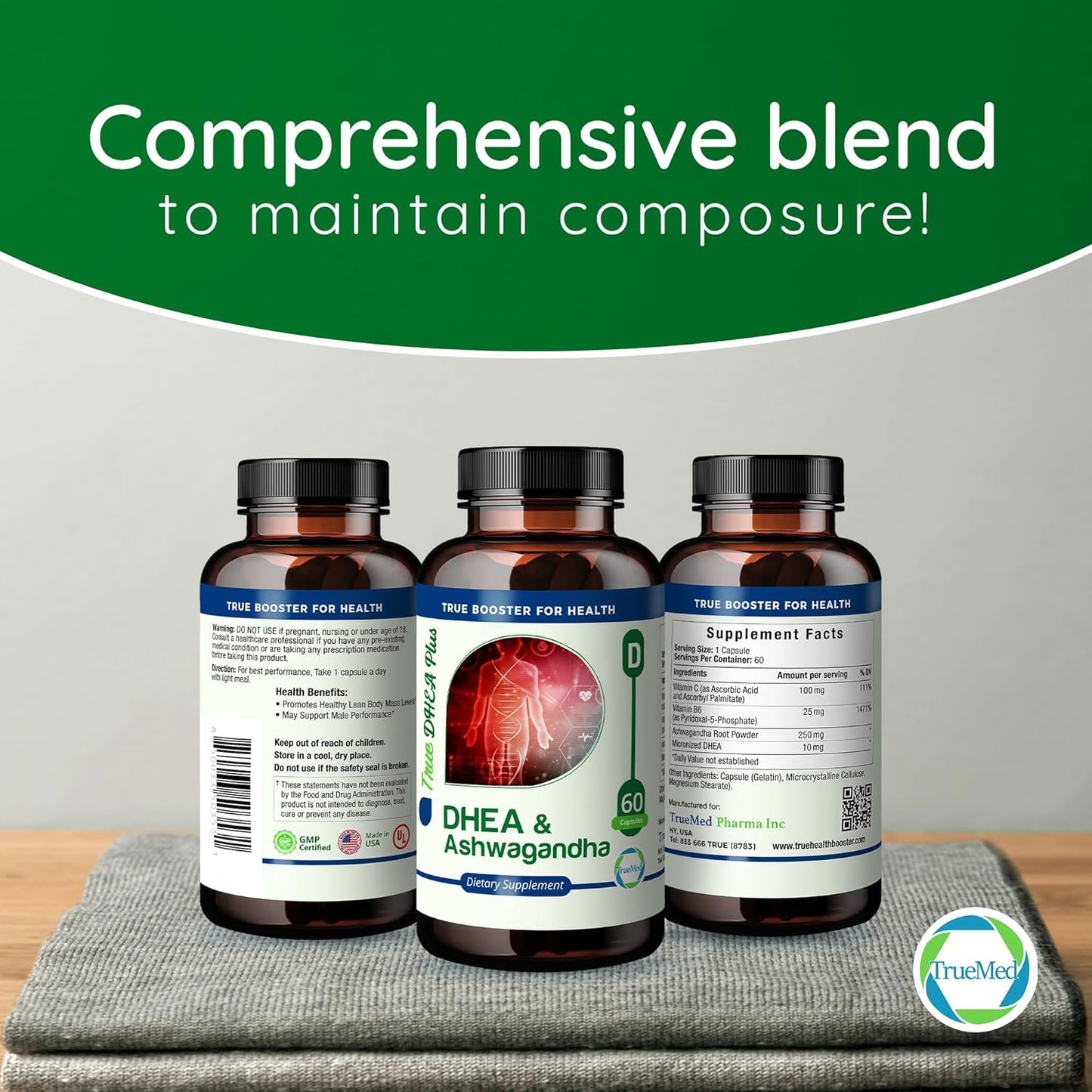 Relaxation & Energy Support: DHEA & Ashwagandha Supplement 385mg Formula with Vitamin C & B6 - 60 Capsules