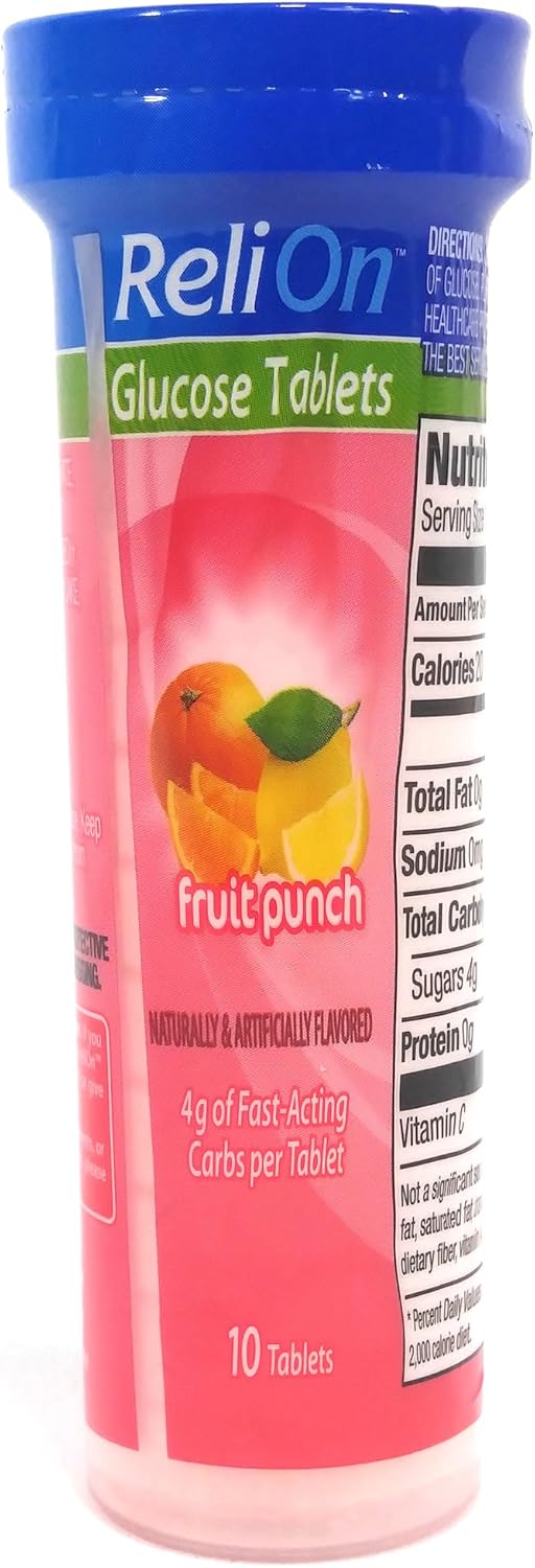 ReliOn Glucose Fruit Punch Tablets - Convenient On-the-Go Tube with 10 Tablets