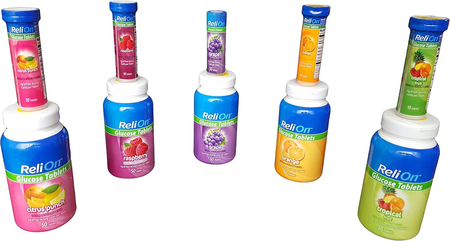 ReliOn Glucose Tablets - 50 Count with On-The-Go Tube, 10 Count (Tropical Fruit Flavor)