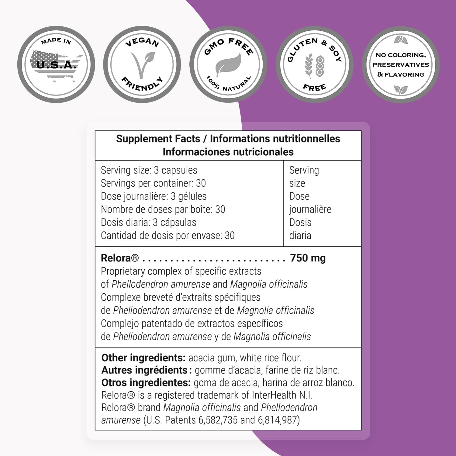 Relora 750mg Daily Supplement - Magnolia & Phellodendron Extract - Non-GMO, Gluten-Free - 90 Capsules