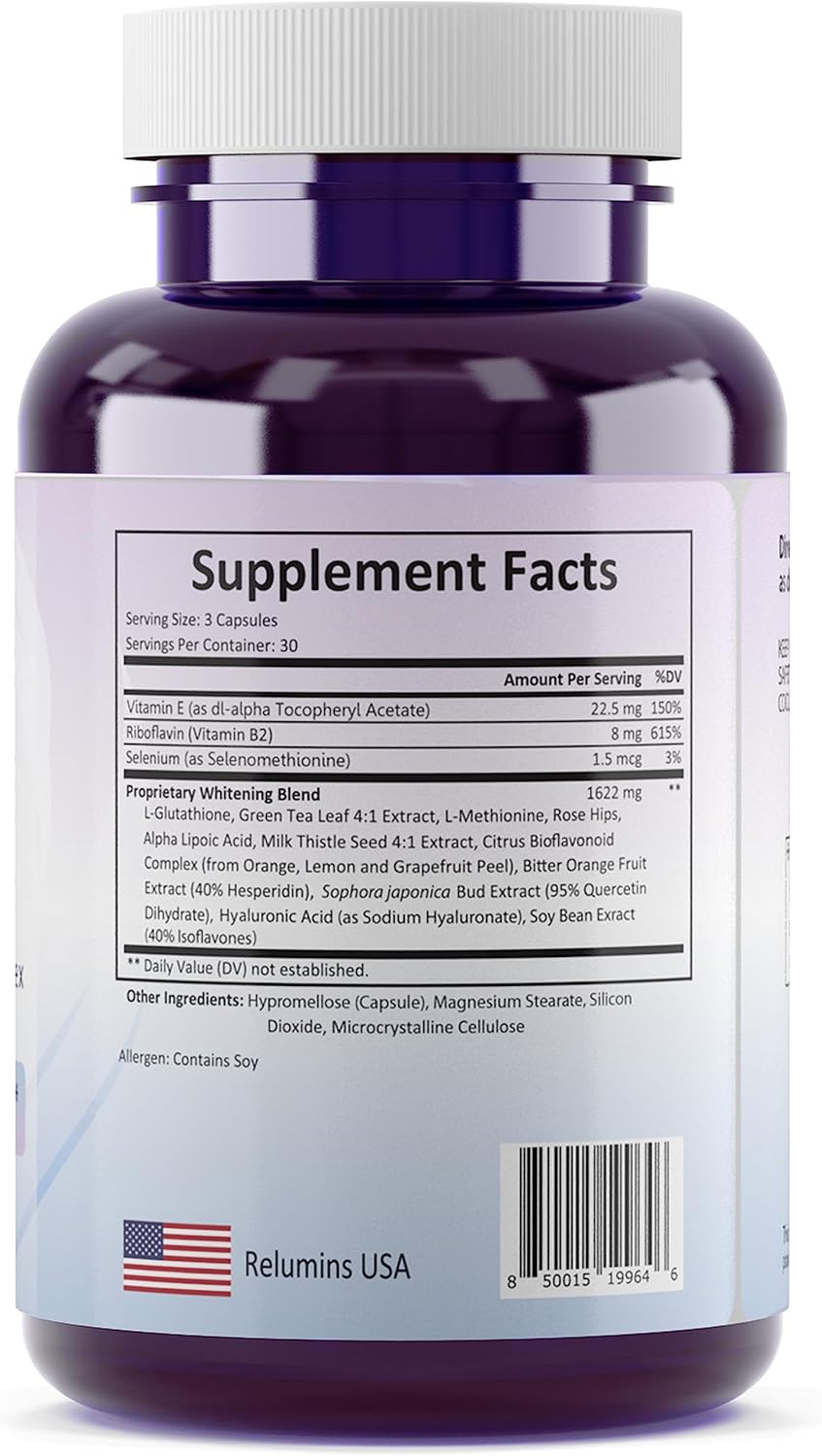 Relumins 1650mg Glutathione Complex Supplement with Hyaluronic Acid & Antioxidants - 180 Veggie Capsules