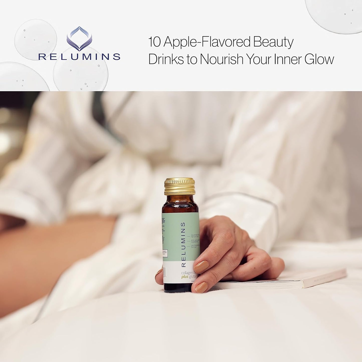 Relumins Collagen Beauty Drink with Glutathione, Hyaluronic, CoQ10, EGCG, Resveratrol - Anti-Aging - Apple Flavor, 10 Drinks x 3 Packs