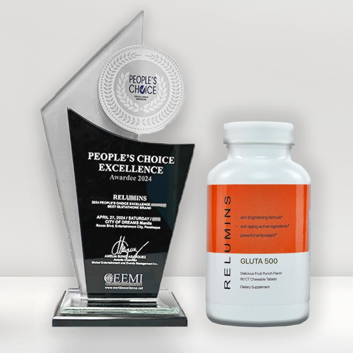 Relumins Gluta 500 Chewable Sublime Wall Complex with Hyaluronic Acid, Vitamin C, Biotin - Fruit Punch Flavor - 60 Count