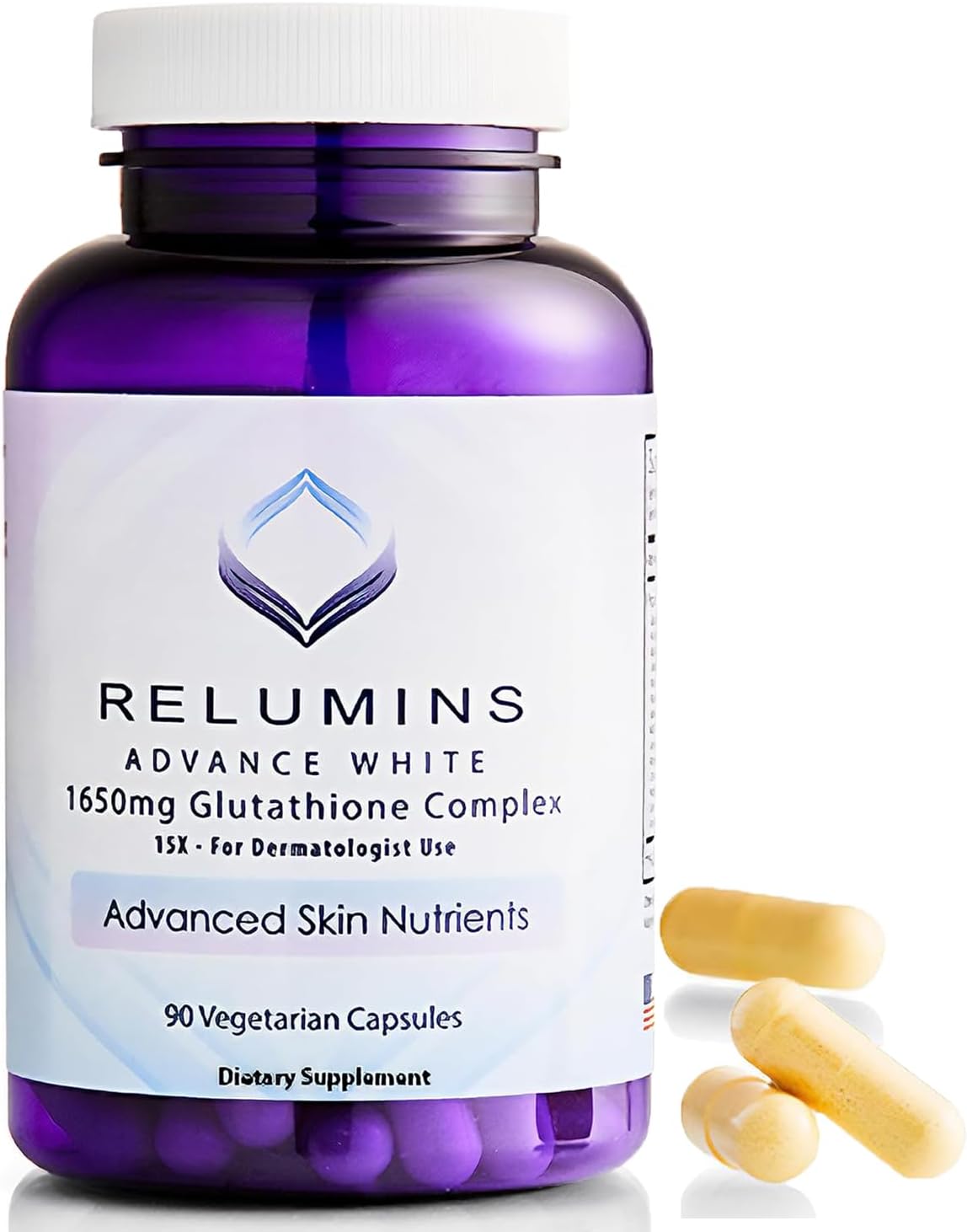 Relumins Glutathione Supplement - 1650mg Reduced Glutathione Complex with Alpha Lipoic Acid, Rose HIPS, Riboflavin, & Vitamin E - 90 Veggie Capsules - Proprietary Blend
