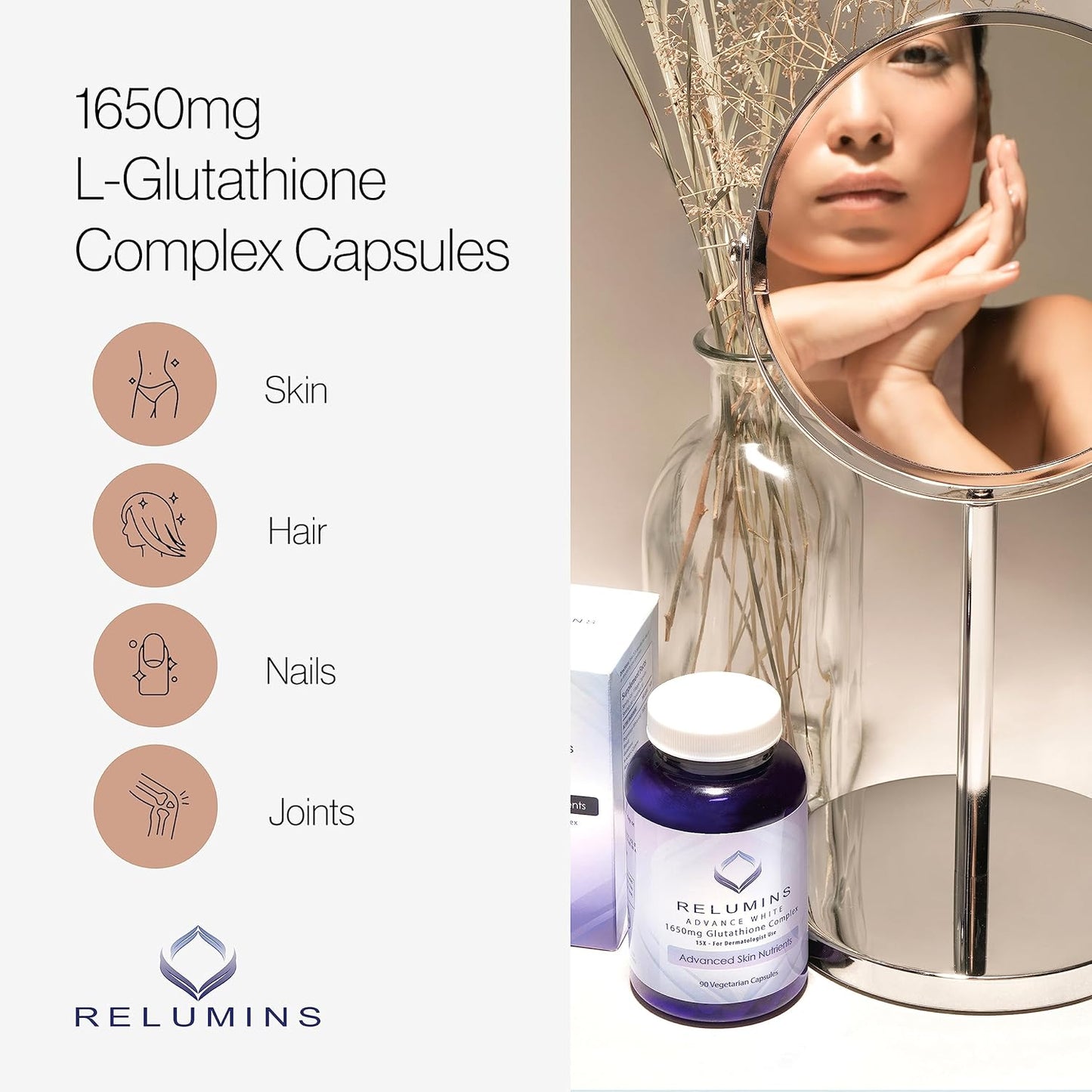 Relumins Glutathione Supplement - 1650mg Reduced Glutathione Complex with Alpha Lipoic Acid, Rose HIPS, Riboflavin, & Vitamin E - 90 Veggie Capsules - Proprietary Blend
