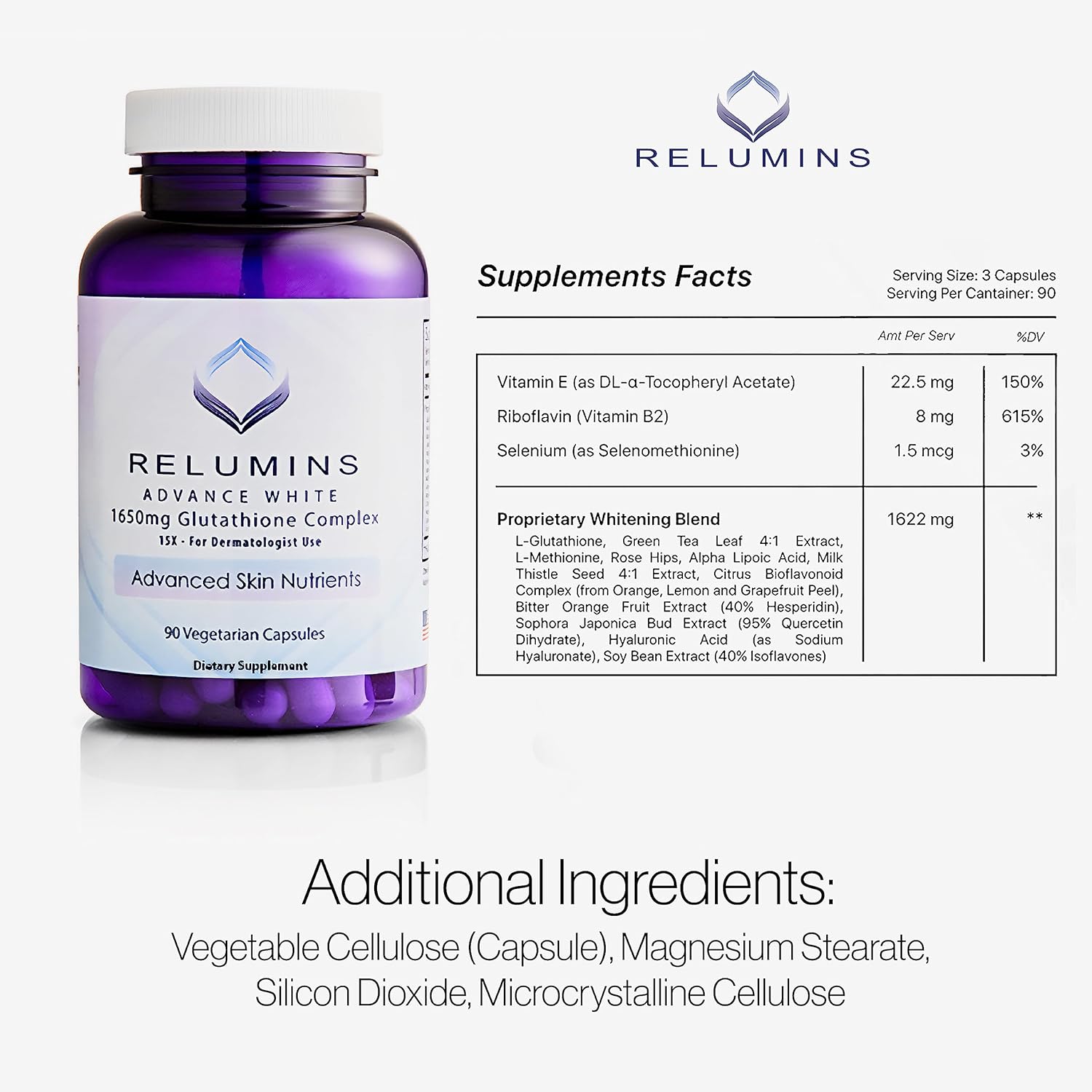 Relumins Glutathione Supplement - High-Potency 1650mg Reduced Glutathione Complex with Alpha Lipoic Acid, Rose HIPS, and Vitamin E - 270 Veggie Capsules