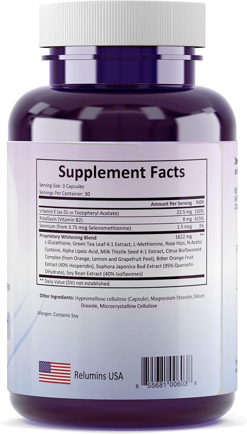 Relumins Glutathione Supplement - High-Potency 1650mg Reduced Glutathione Complex with Alpha Lipoic Acid, Rose HIPS, and Vitamin E - 270 Veggie Capsules