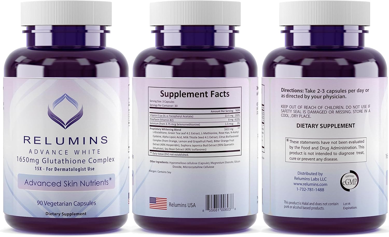 Relumins Glutathione Supplement - High-Potency 1650mg Reduced Glutathione Complex with Alpha Lipoic Acid, Rose HIPS, and Vitamin E - 270 Veggie Capsules