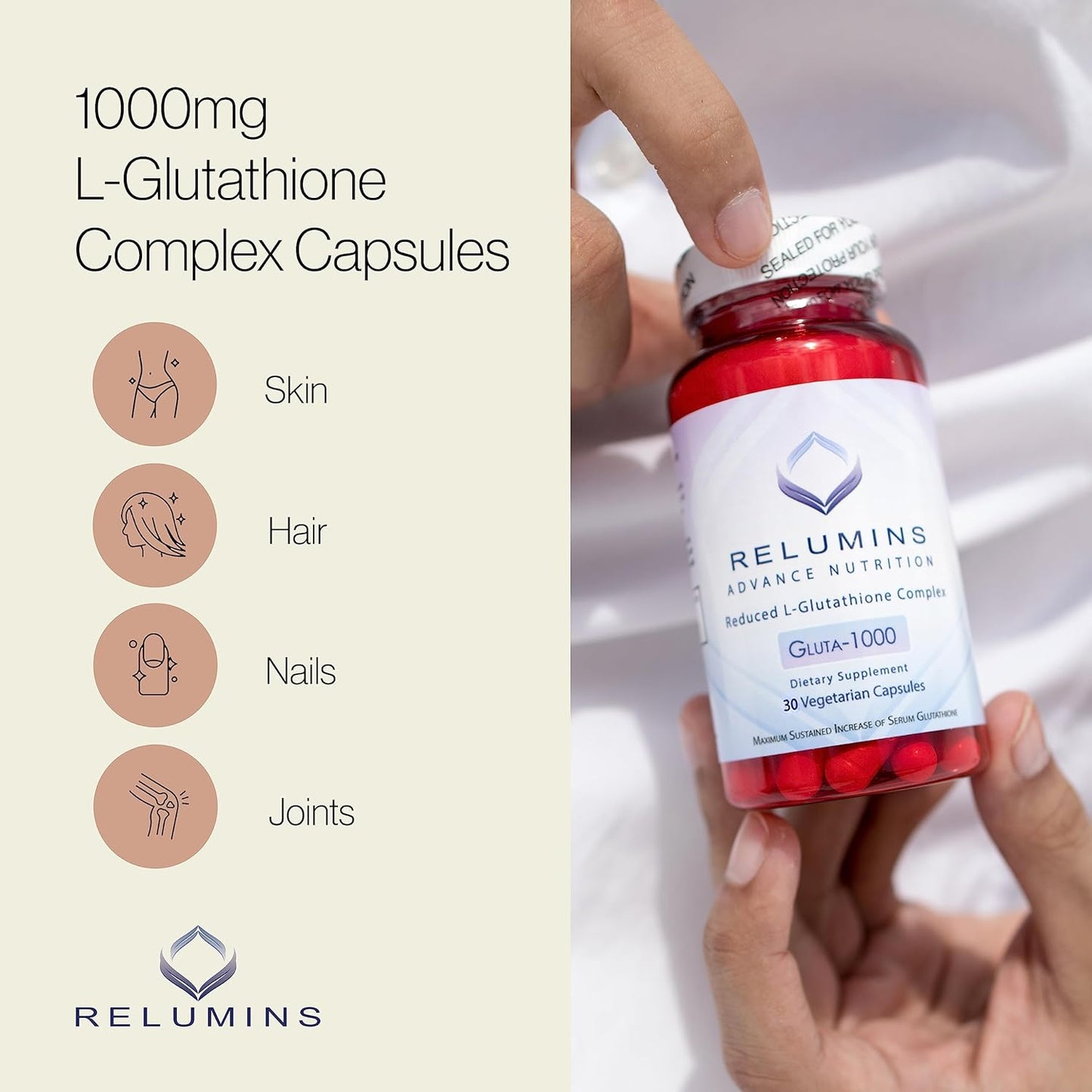 Relumins L Glutathione Complex Skin Supplement - 1000mg with Alpha Lipoic Acid & Rose HIPS - 30 Capsules