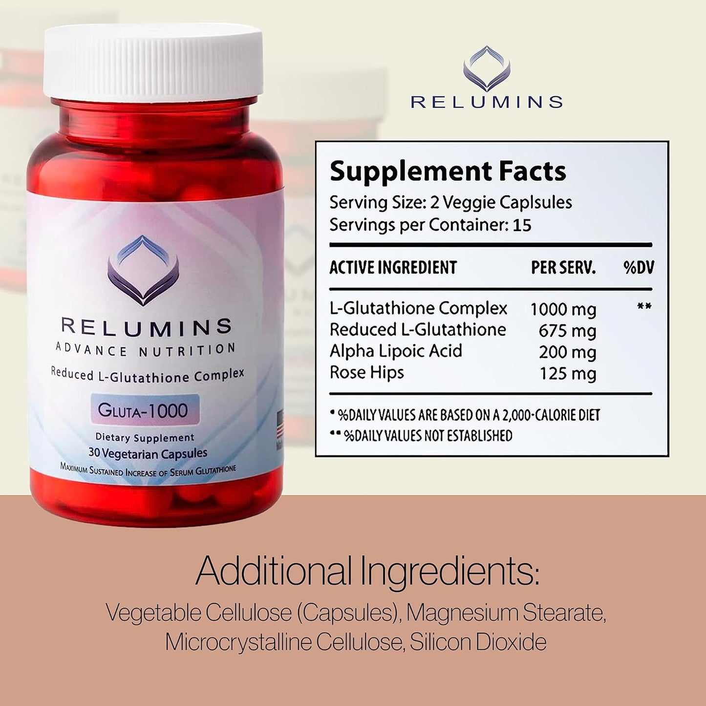 Relumins L Glutathione Complex Skin Supplement - 1000mg with Alpha Lipoic Acid & Rose HIPS - 30 Capsules