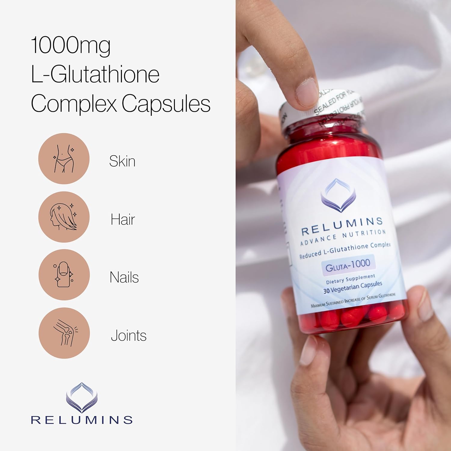 Relumins L Glutathione Supplement Complex - 3 Bottles of 1000mg Glutathione Capsules with Alpha Lipoic Acid & Rose HIPS for Skin Brightening
