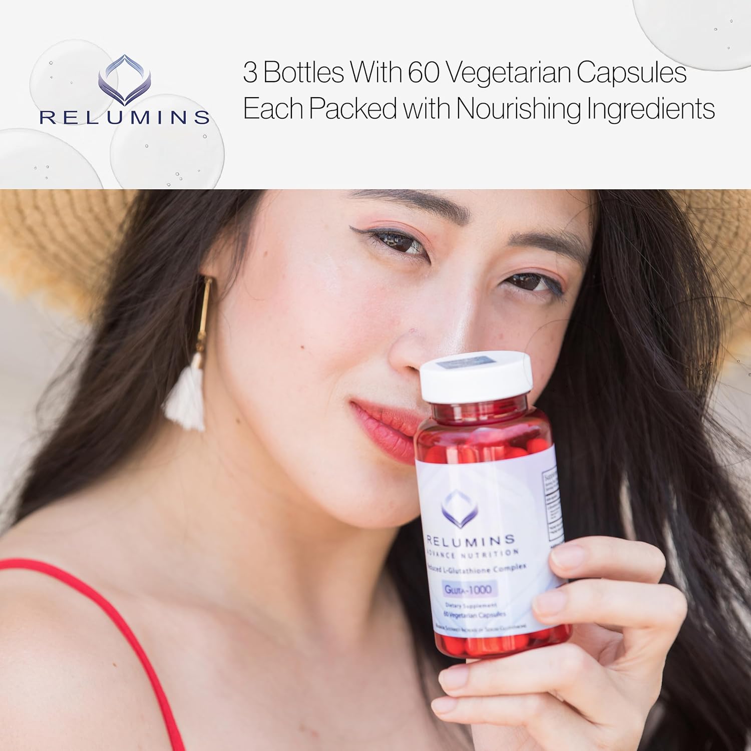 Relumins L Glutathione Supplement Complex - 3 Bottles of 1000mg Glutathione Capsules with Alpha Lipoic Acid & Rose HIPS for Skin Brightening
