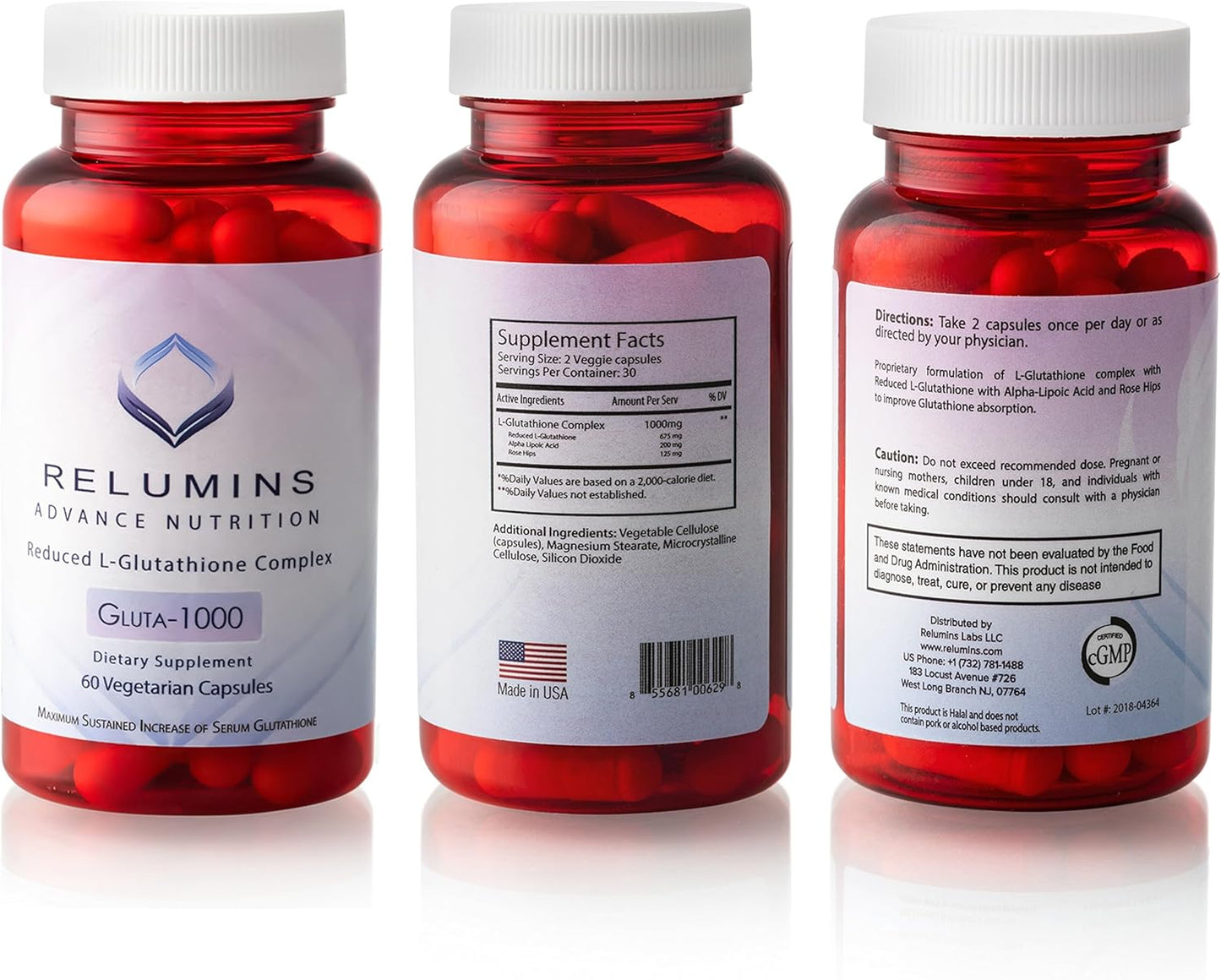 Relumins L Glutathione Supplement Complex - 3 Bottles of 1000mg Glutathione Capsules with Alpha Lipoic Acid & Rose HIPS for Skin Brightening