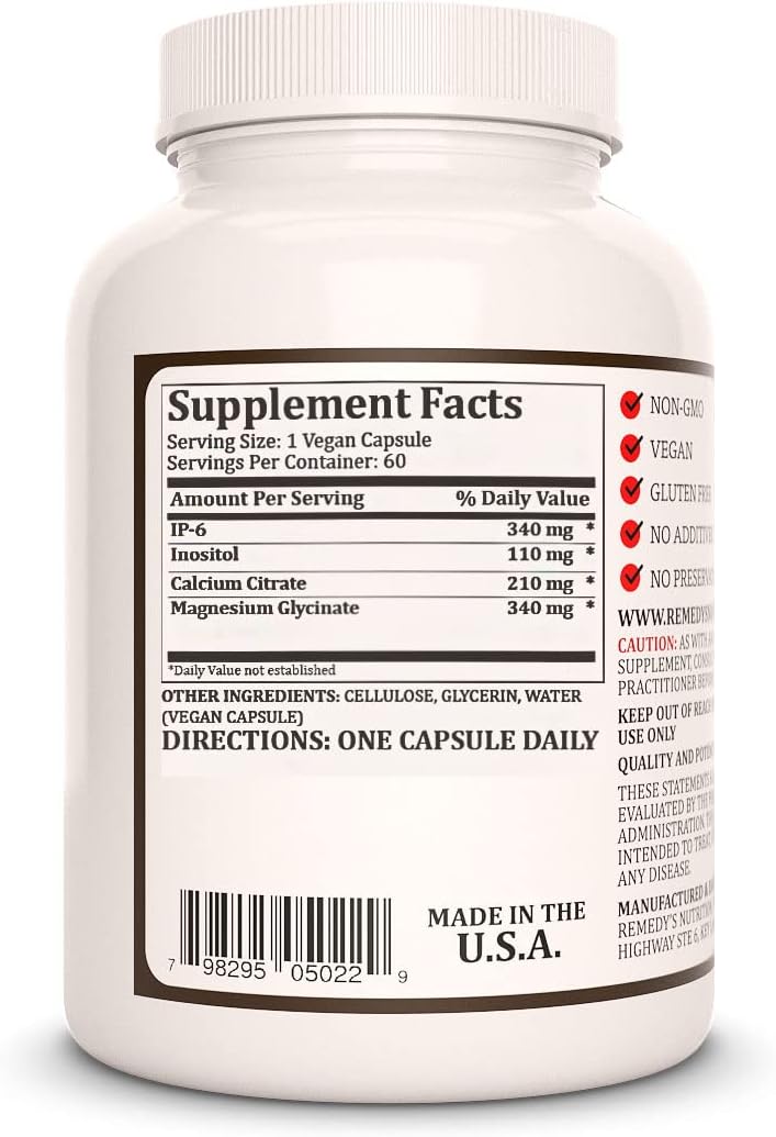 Remedy Nutrition IP6 Supplement with Inositol, Calcium, Magnesium - 1,000mg | 60 Day Supply | Non-GMO, Gluten-Free, Dairy-Free