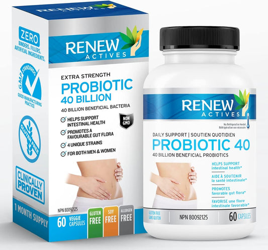 Renew Actives 40 Billion CFU Probiotic Supplement for Digestive Health - Daily Relief for Bloating & Regularity - Double Strength Formula for Men & Women - 60 Capsules