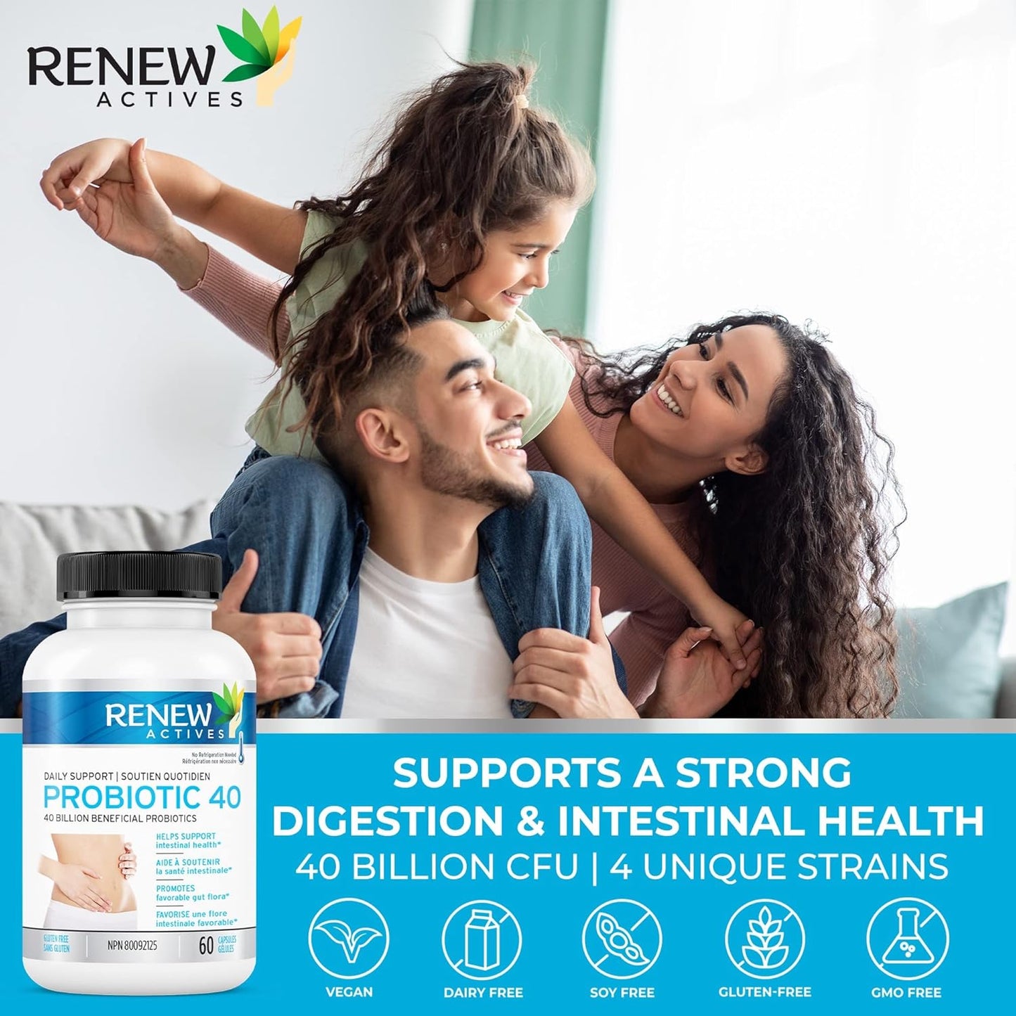 Renew Actives 40 Billion CFU Probiotic Supplement for Digestive Health - Daily Relief for Bloating & Regularity - Double Strength Formula for Men & Women - 60 Capsules