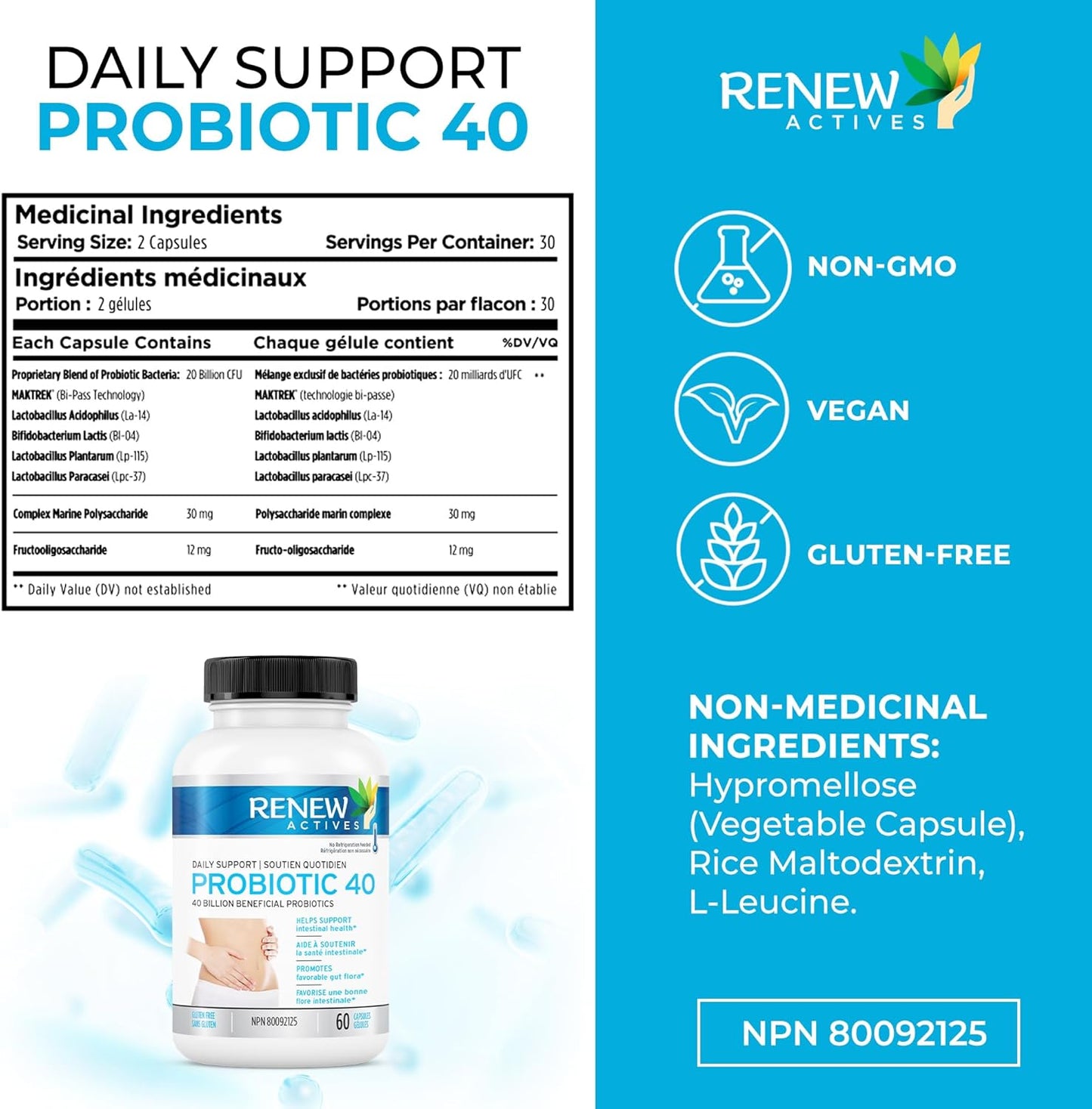 Renew Actives 40 Billion CFU Probiotic Supplement for Digestive Health - Daily Relief for Bloating & Regularity - Double Strength Formula for Men & Women - 60 Capsules