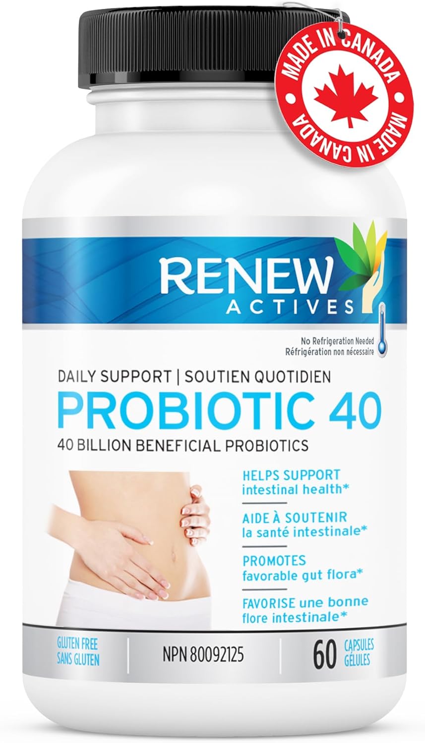 Renew Actives 40 Billion CFU Probiotic Supplement for Digestive Health - Daily Relief for Bloating & Regularity - Double Strength Formula for Men & Women - 60 Capsules