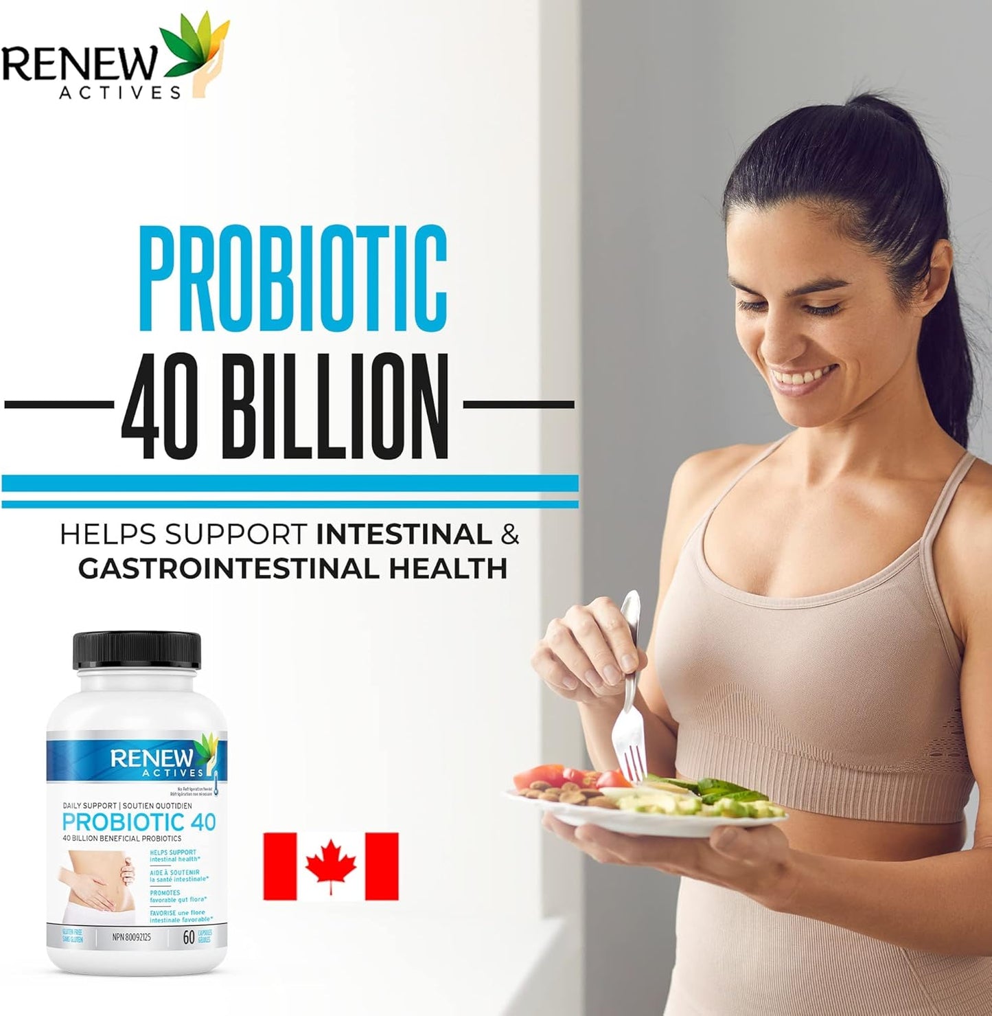 Renew Actives 40 Billion CFU Probiotic Supplement for Digestive Health - Daily Relief for Bloating & Regularity - Double Strength Formula for Men & Women - 60 Capsules