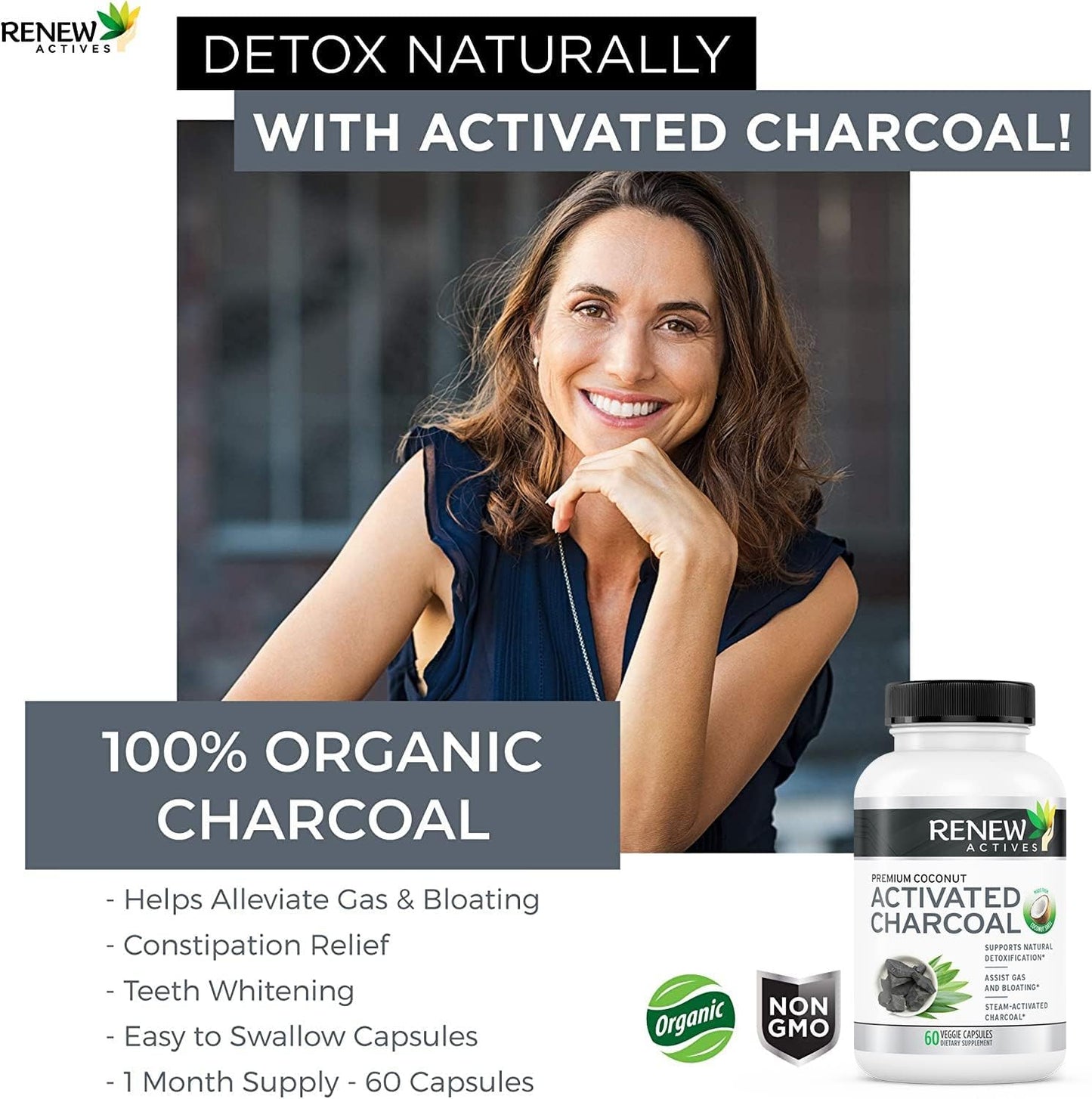 Renew Actives Activated Charcoal Supplement - Natural Digestive Support & Teeth Whitening - 60 Capsules