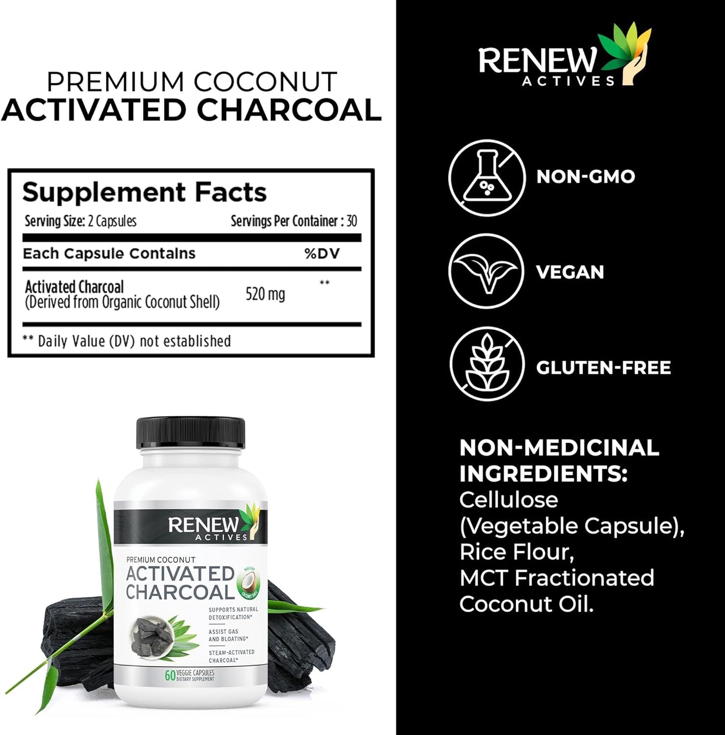 Renew Actives Activated Charcoal Supplement - Natural Digestive Support & Teeth Whitening - 60 Capsules
