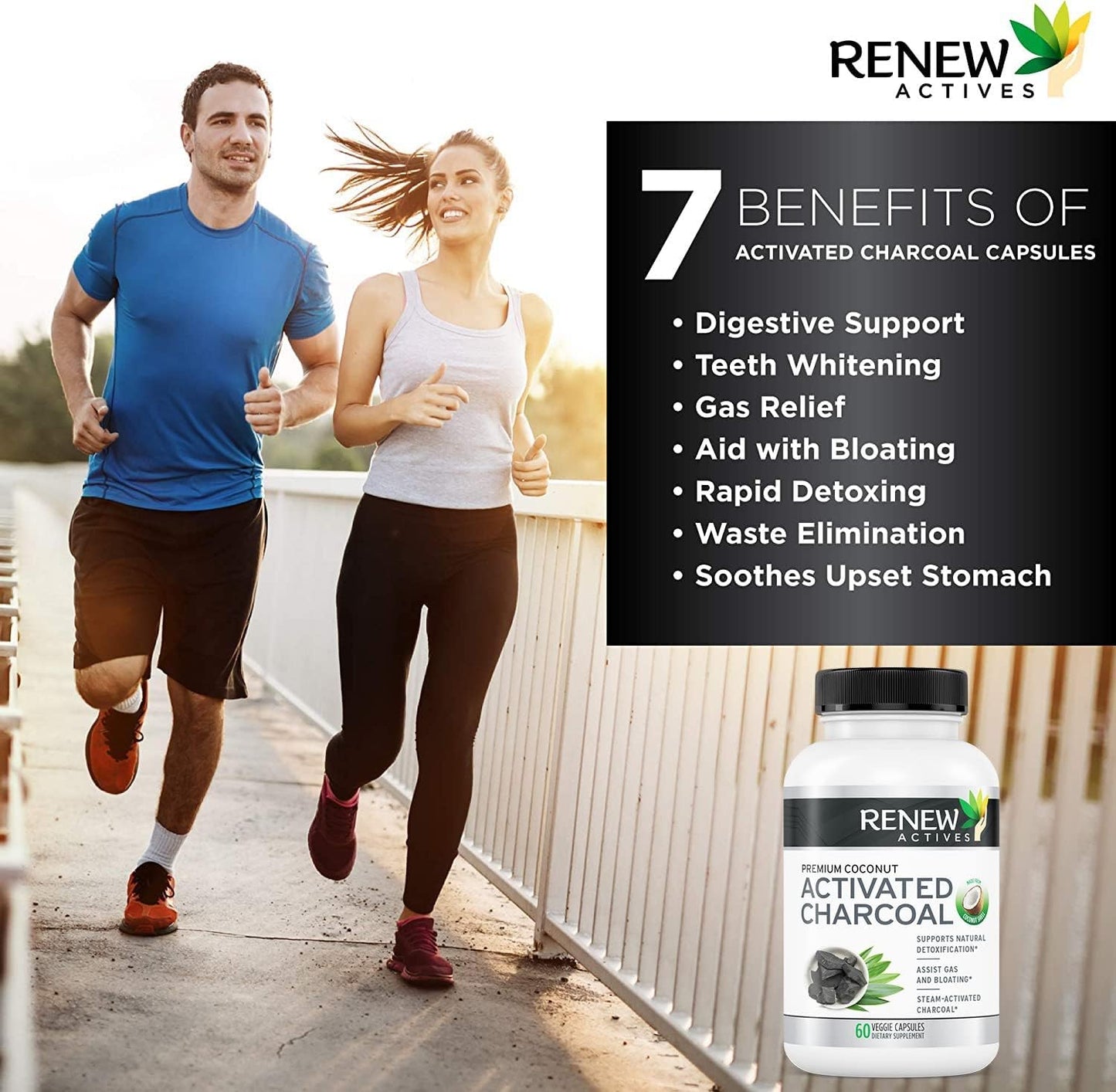Renew Actives Activated Charcoal Supplement - Natural Digestive Support & Teeth Whitening - 60 Capsules