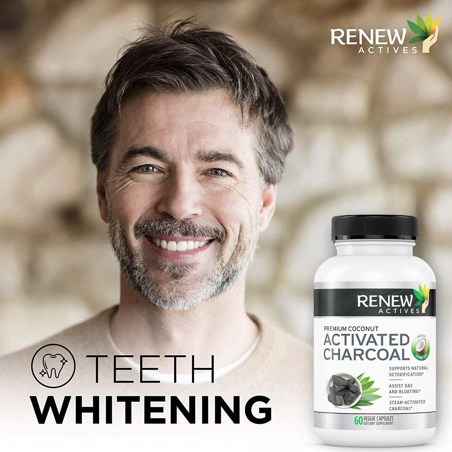 Renew Actives Activated Charcoal Supplement - Natural Digestive Support & Teeth Whitening - 60 Capsules