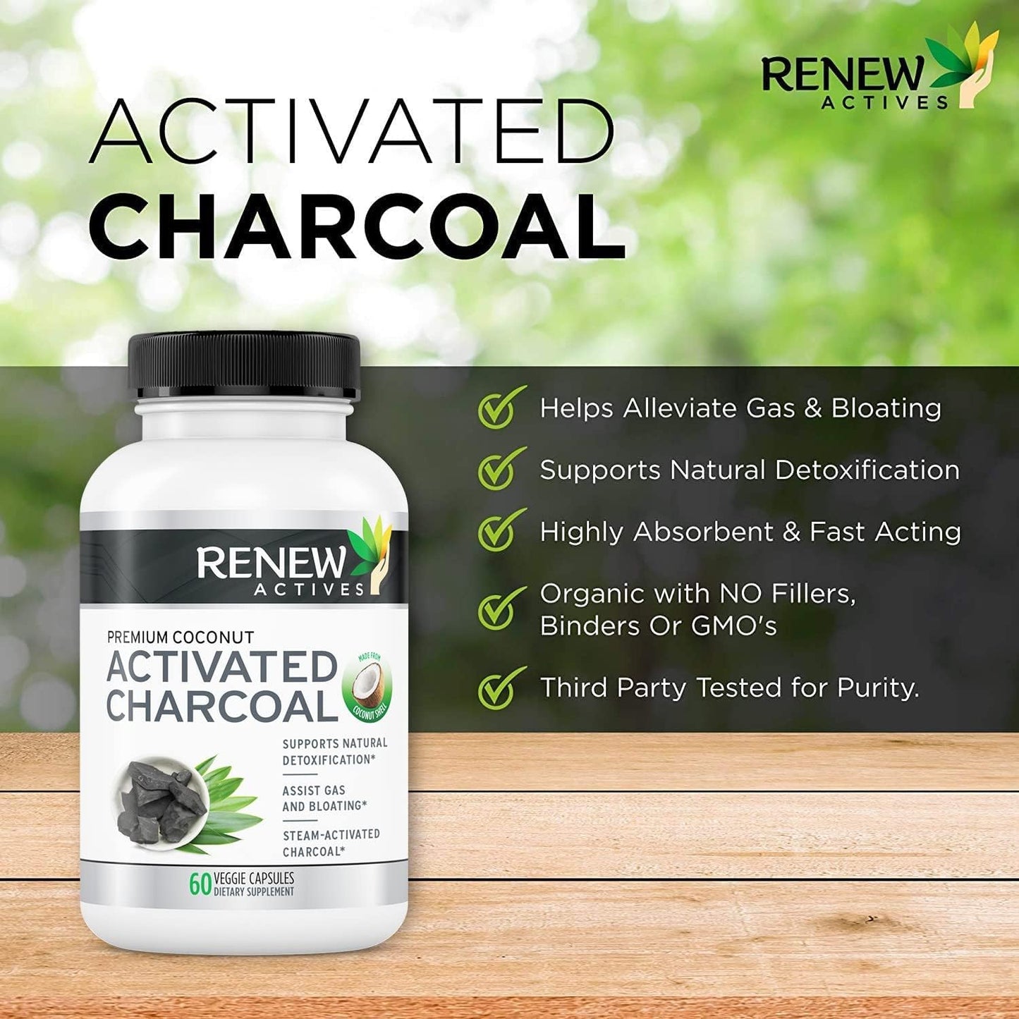 Renew Actives Activated Charcoal Supplement - Natural Digestive Support & Teeth Whitening - 60 Capsules