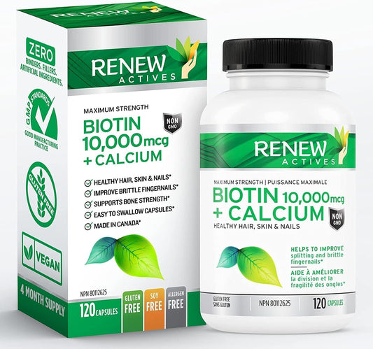 Renew Actives Biotin & Calcium 10000mcg Capsules for Hair, Nail, Skin - Supports Bone, Teeth Health - Prevents Deficiency, Boosts Wellness - 120ct