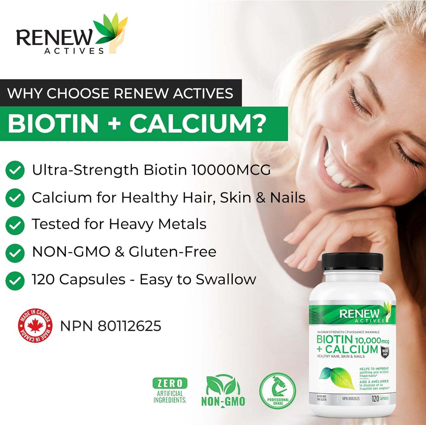 Renew Actives Biotin & Calcium 10000mcg Capsules for Hair, Nail, Skin - Supports Bone, Teeth Health - Prevents Deficiency, Boosts Wellness - 120ct