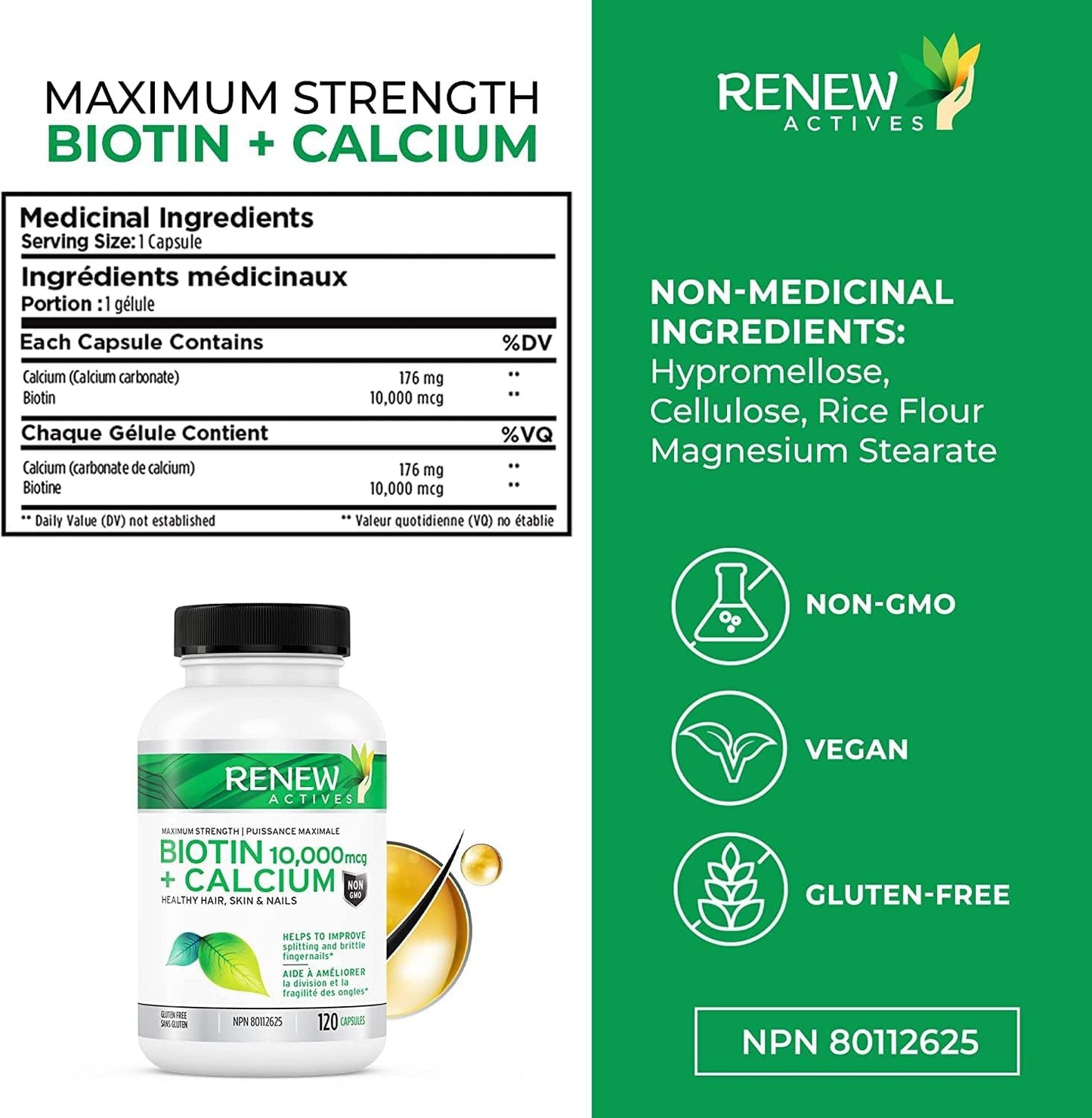 Renew Actives Biotin & Calcium 10000mcg Capsules for Hair, Nail, Skin - Supports Bone, Teeth Health - Prevents Deficiency, Boosts Wellness - 120ct