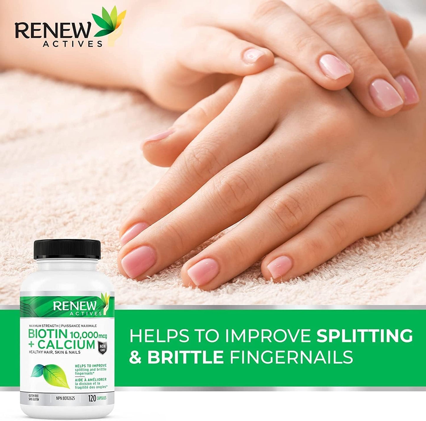 Renew Actives Biotin & Calcium 10000mcg Capsules for Hair, Nail, Skin - Supports Bone, Teeth Health - Prevents Deficiency, Boosts Wellness - 120ct