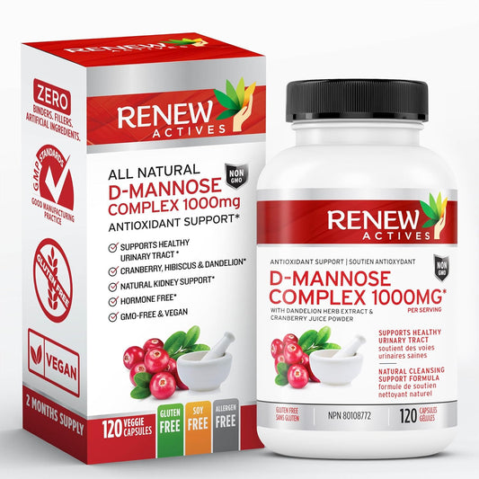 Renew Actives D-Mannose & Cranberry Complex 1000MG with Hibiscus & Dandelion Extracts - Antioxidant Blend - 120 Capsules