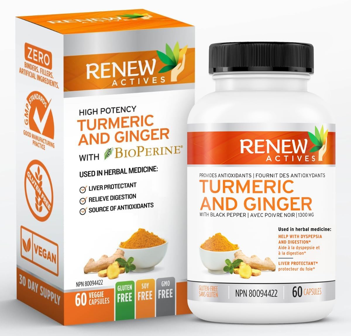 Renew Actives Ginger Turmeric Curcumin Capsules with Bioperine & Black Pepper - Digestive & Liver Support - 60 Vegan Capsules