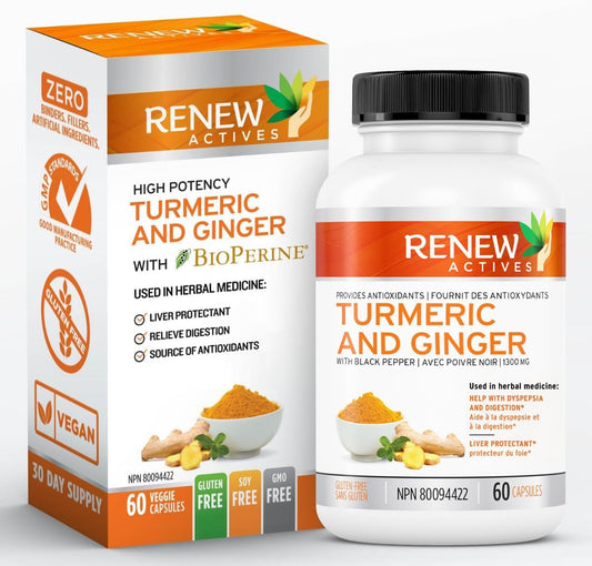Renew Actives Ginger Turmeric Curcumin Capsules with Bioperine & Black Pepper - Digestive & Liver Support - 60 Vegan Capsules