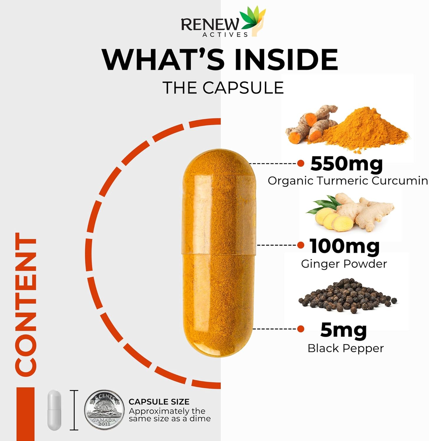 Renew Actives Ginger Turmeric Curcumin Capsules with Bioperine & Black Pepper - Digestive & Liver Support - 60 Vegan Capsules