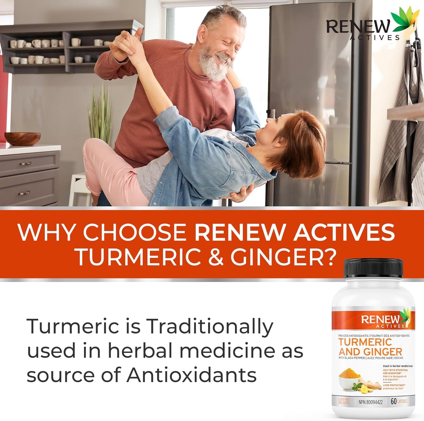 Renew Actives Ginger Turmeric Curcumin Capsules with Bioperine & Black Pepper - Digestive & Liver Support - 60 Vegan Capsules