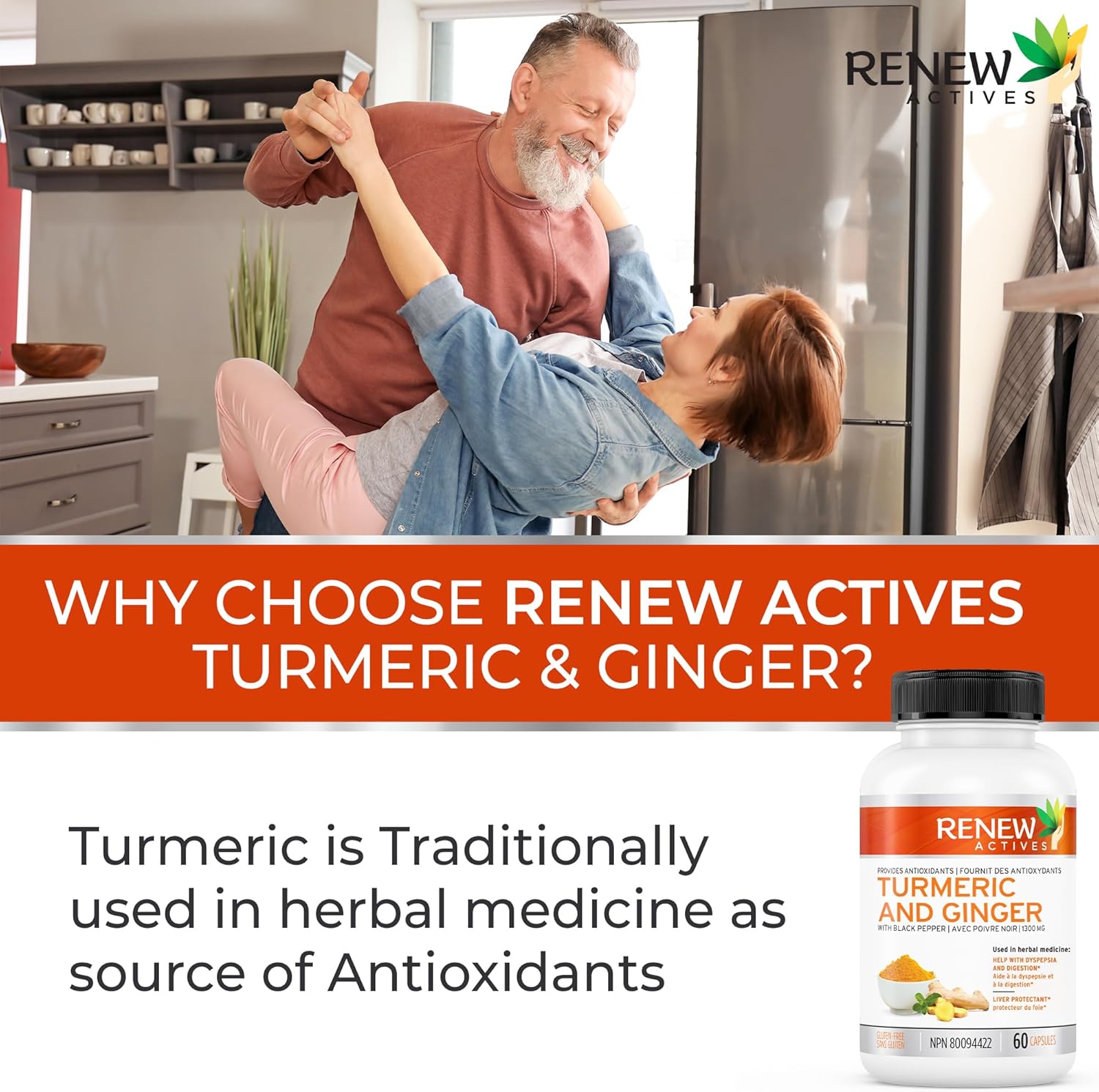 Renew Actives Ginger Turmeric Curcumin Capsules with Bioperine & Black Pepper - Digestive & Liver Support - 60 Vegan Capsules