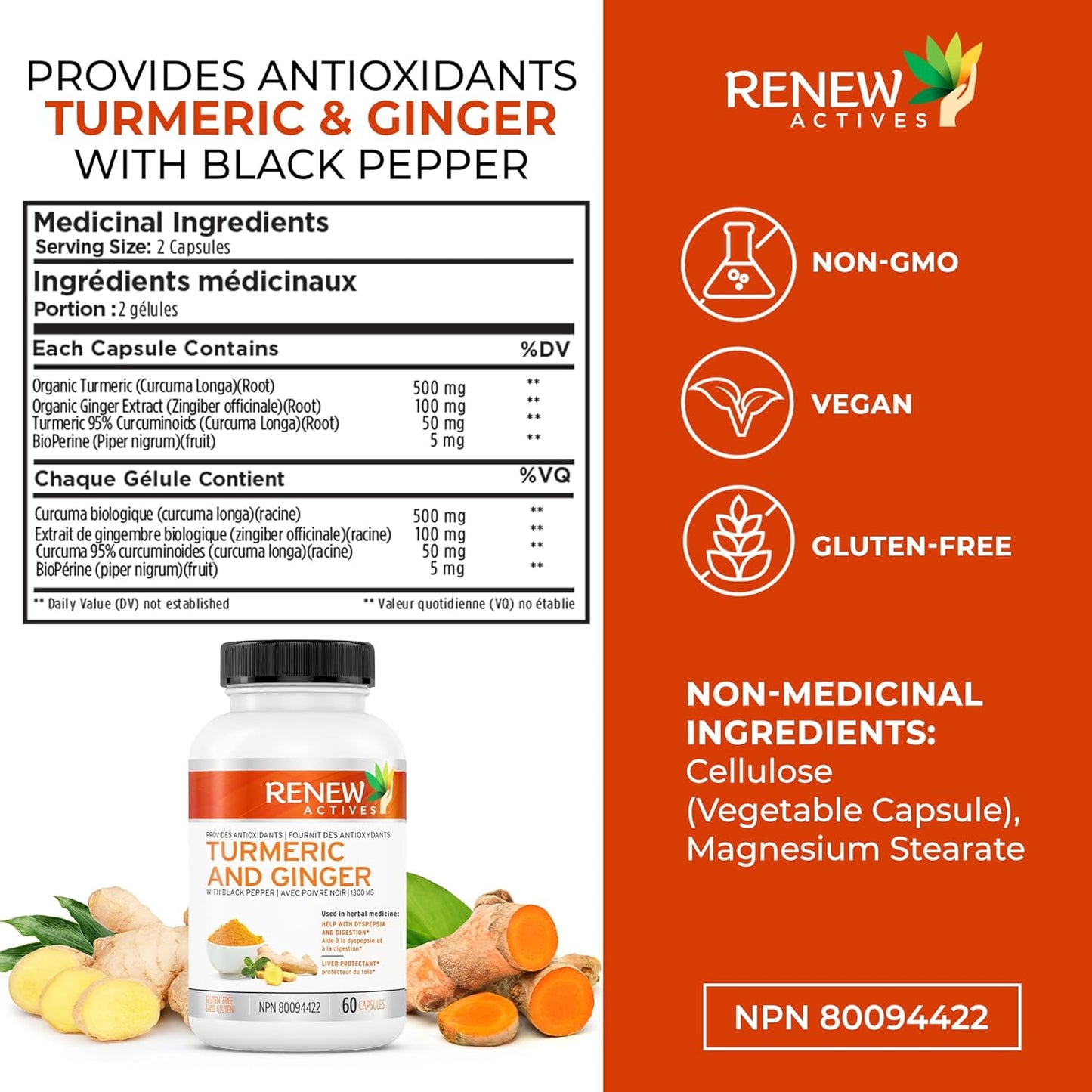 Renew Actives Ginger Turmeric Curcumin Capsules with Bioperine & Black Pepper - Digestive & Liver Support - 60 Vegan Capsules