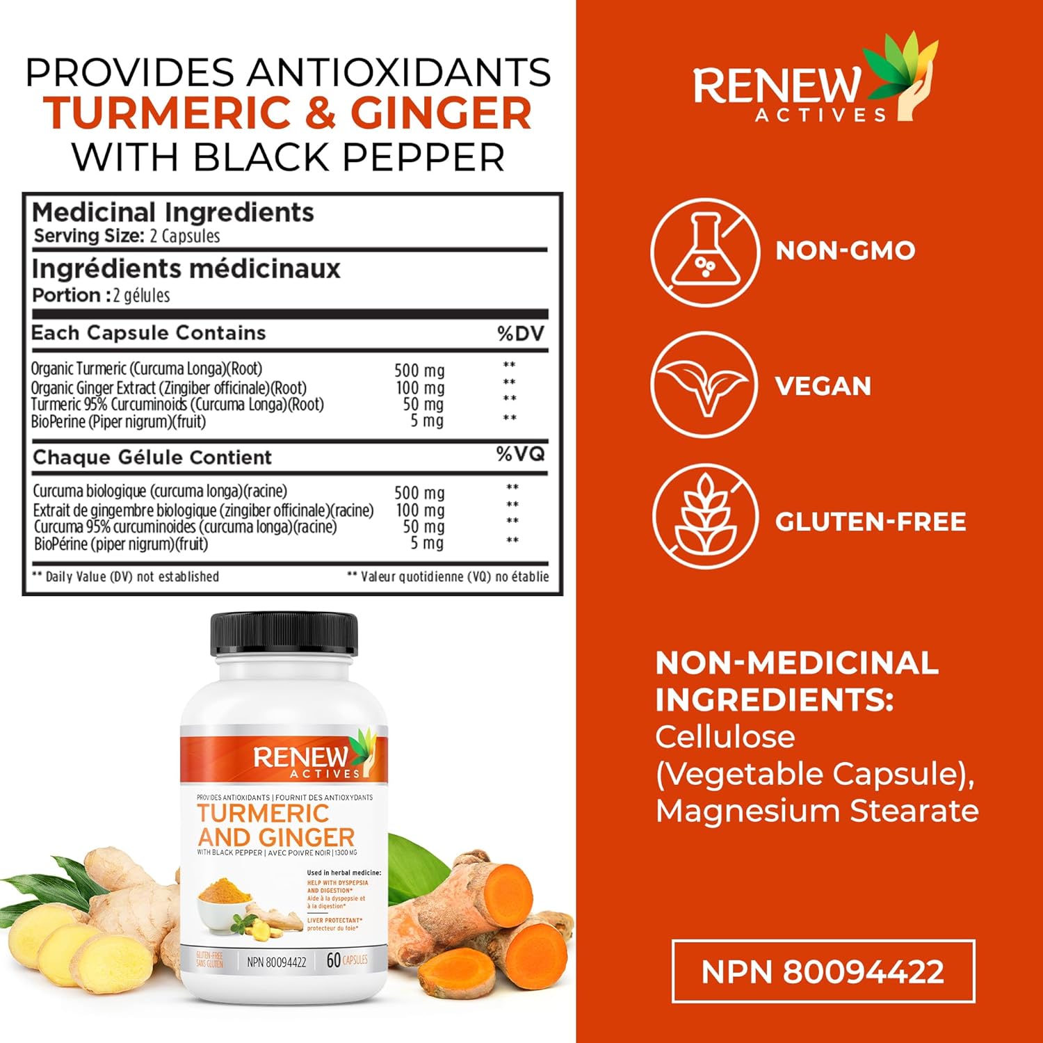Renew Actives Ginger Turmeric Curcumin Capsules with Bioperine & Black Pepper - Digestive & Liver Support - 60 Vegan Capsules