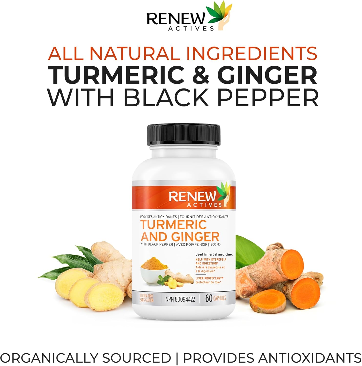 Renew Actives Ginger Turmeric Curcumin Capsules with Bioperine & Black Pepper - Digestive & Liver Support - 60 Vegan Capsules