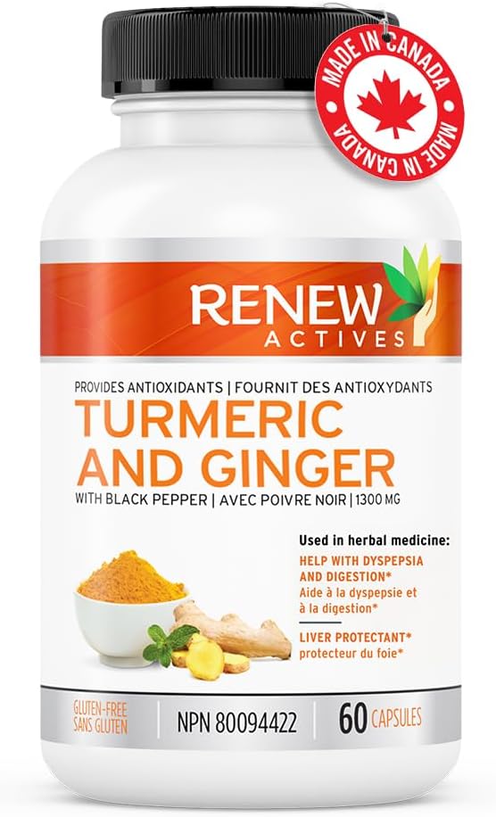 Renew Actives Ginger Turmeric Curcumin Capsules with Bioperine & Black Pepper - Digestive & Liver Support - 60 Vegan Capsules