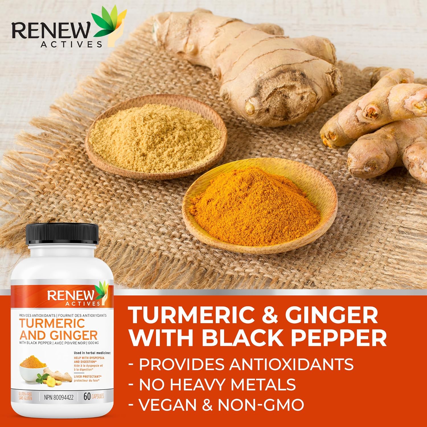 Renew Actives Ginger Turmeric Curcumin Capsules with Bioperine & Black Pepper - Digestive & Liver Support - 60 Vegan Capsules