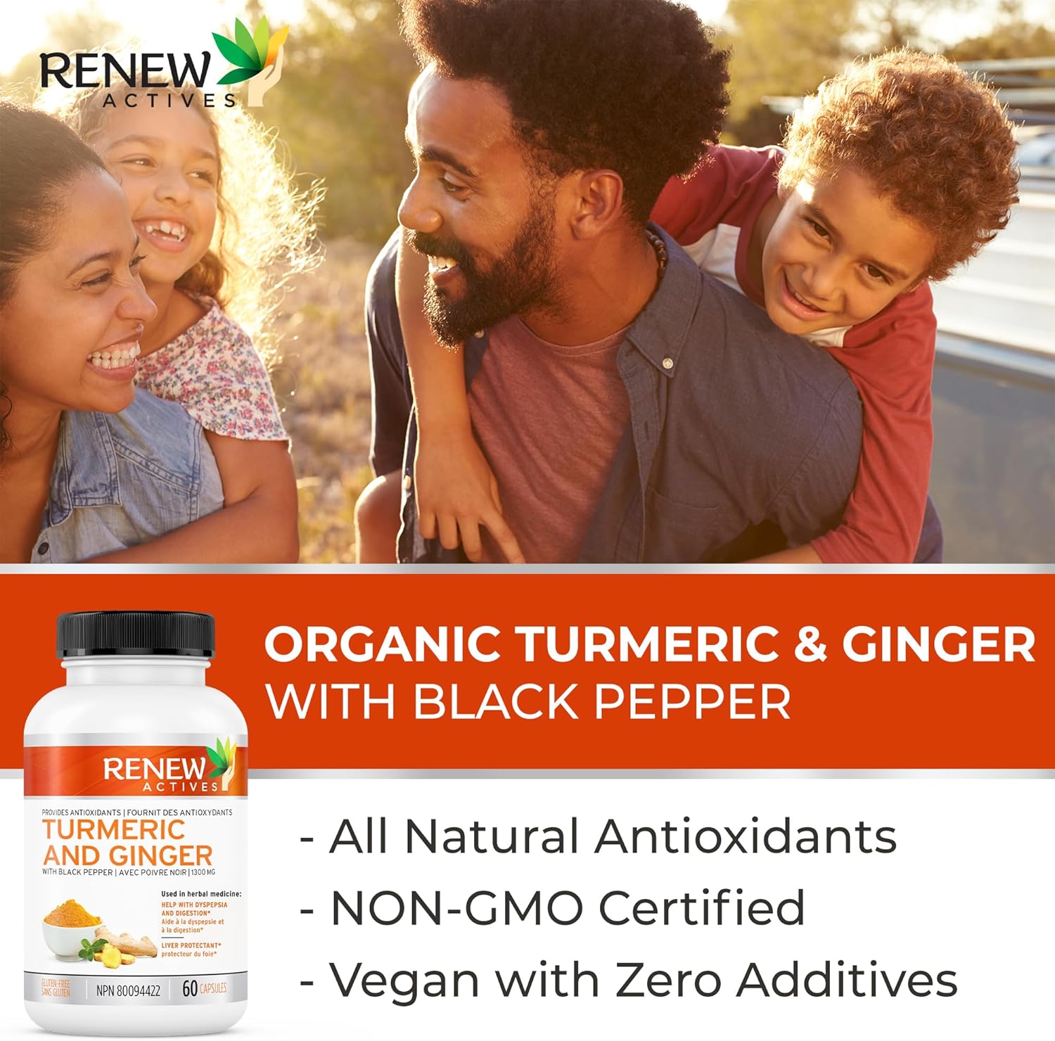 Renew Actives Ginger Turmeric Curcumin Capsules with Bioperine & Black Pepper - Digestive & Liver Support - 60 Vegan Capsules