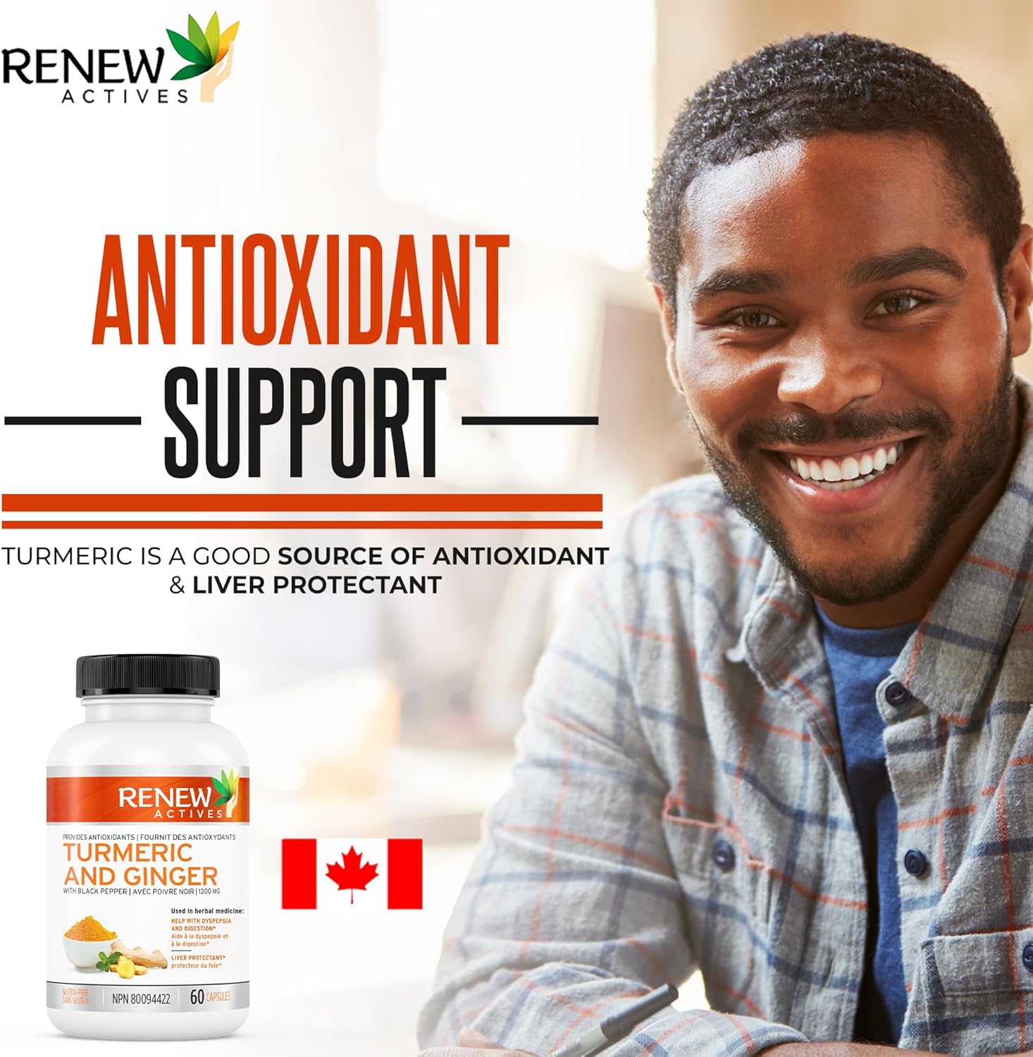 Renew Actives Ginger Turmeric Curcumin Capsules with Bioperine & Black Pepper - Digestive & Liver Support - 60 Vegan Capsules