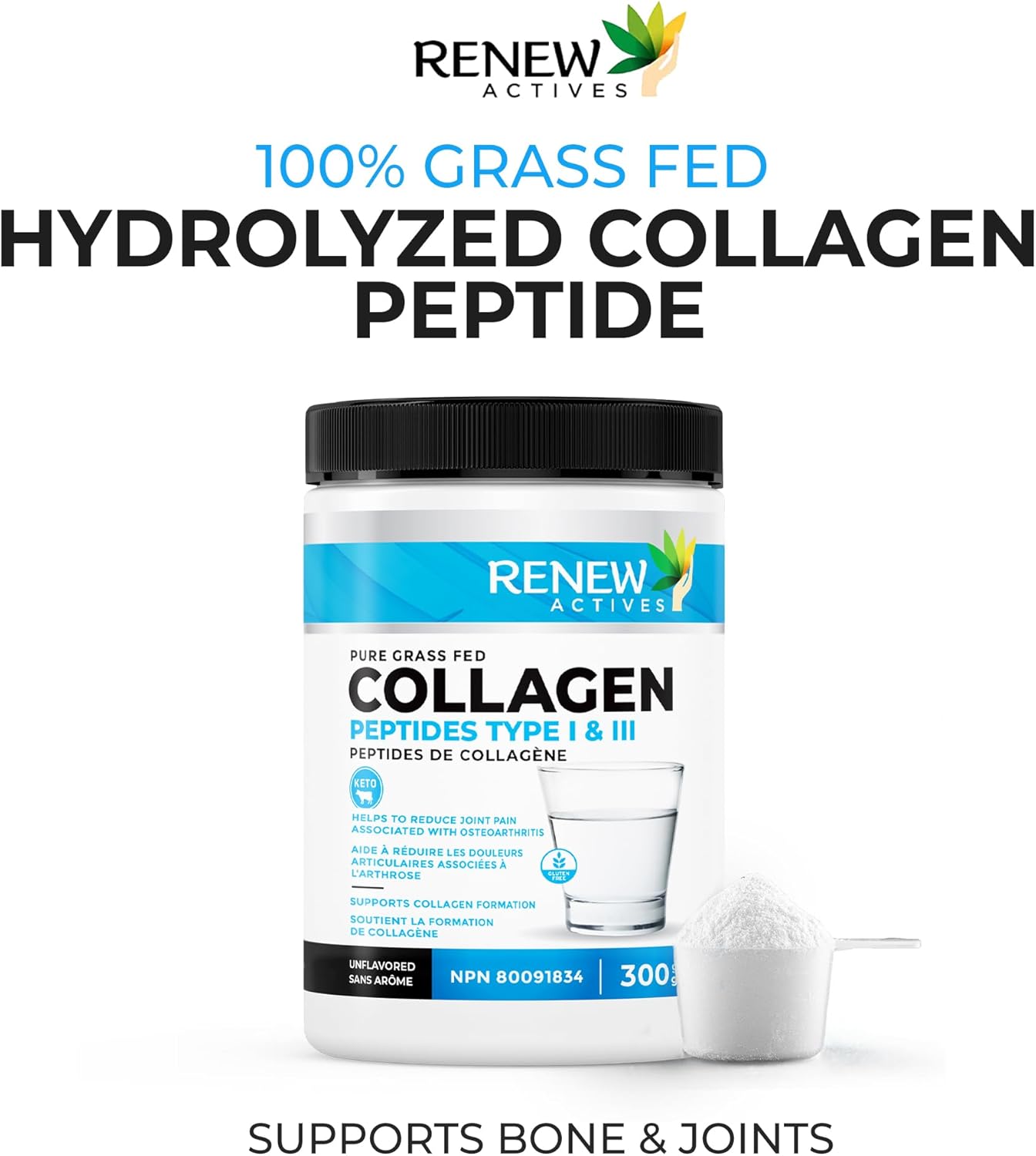 Renew Actives Grass-Fed Collagen Peptides Powder - 9.4g Protein, 39 Calories - Supports Skin, Hair, Joint Health - Keto & Paleo Friendly - Easy Dissolve - Ideal for Hot/Cold Drinks