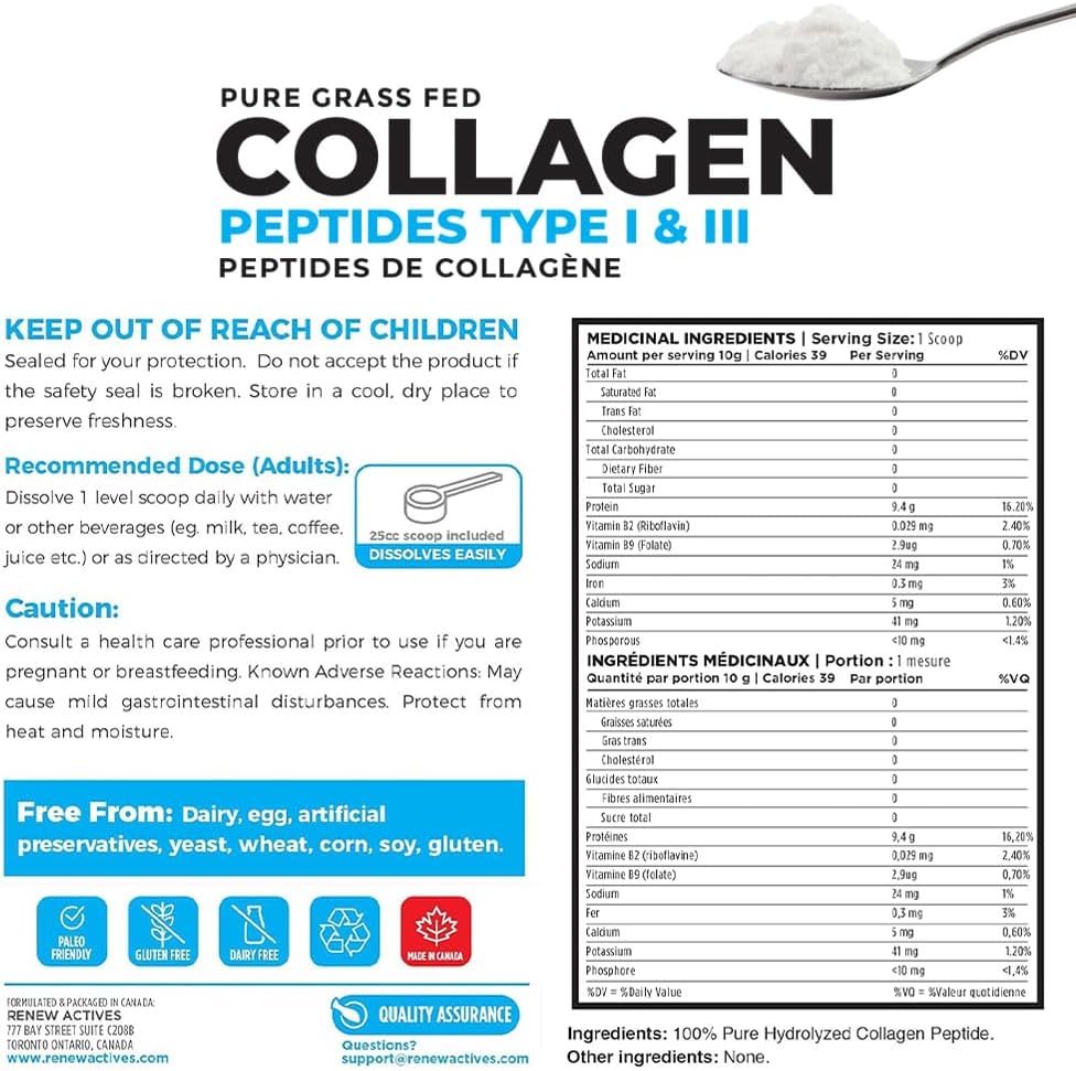 Renew Actives Grass-Fed Collagen Peptides Powder - 9.4g Protein, 39 Calories - Supports Skin, Hair, Joint Health - Keto & Paleo Friendly - Easy Dissolve - Ideal for Hot/Cold Drinks