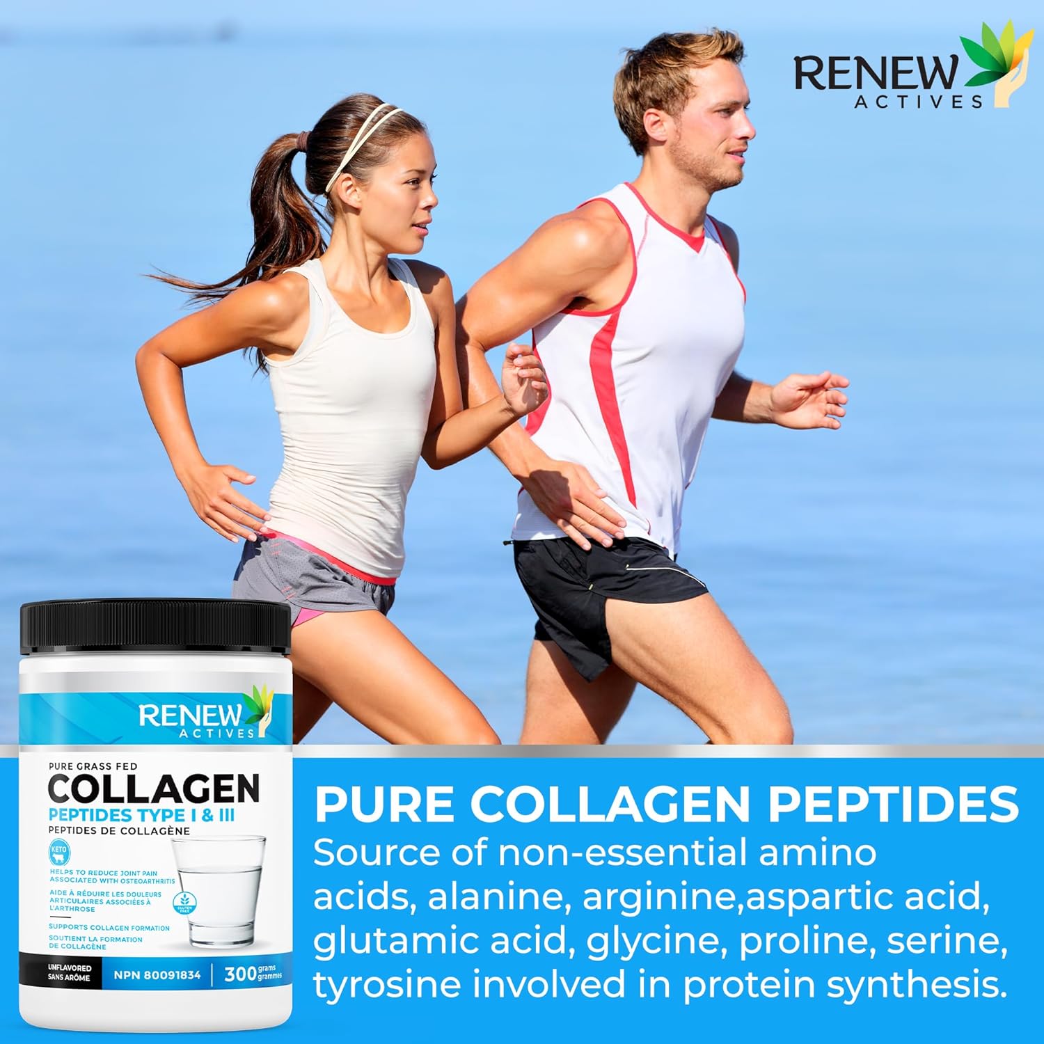 Renew Actives Grass-Fed Collagen Peptides Powder - 9.4g Protein, 39 Calories - Supports Skin, Hair, Joint Health - Keto & Paleo Friendly - Easy Dissolve - Ideal for Hot/Cold Drinks