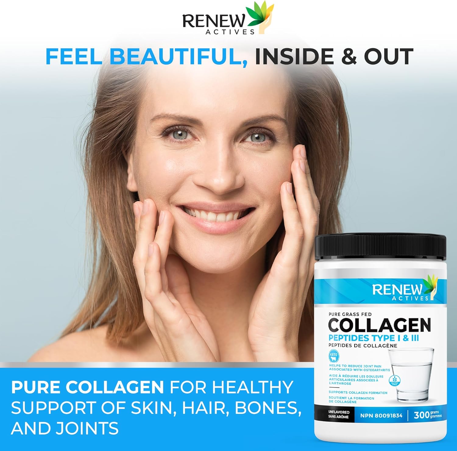 Renew Actives Grass-Fed Collagen Peptides Powder - 9.4g Protein, 39 Calories - Supports Skin, Hair, Joint Health - Keto & Paleo Friendly - Easy Dissolve - Ideal for Hot/Cold Drinks
